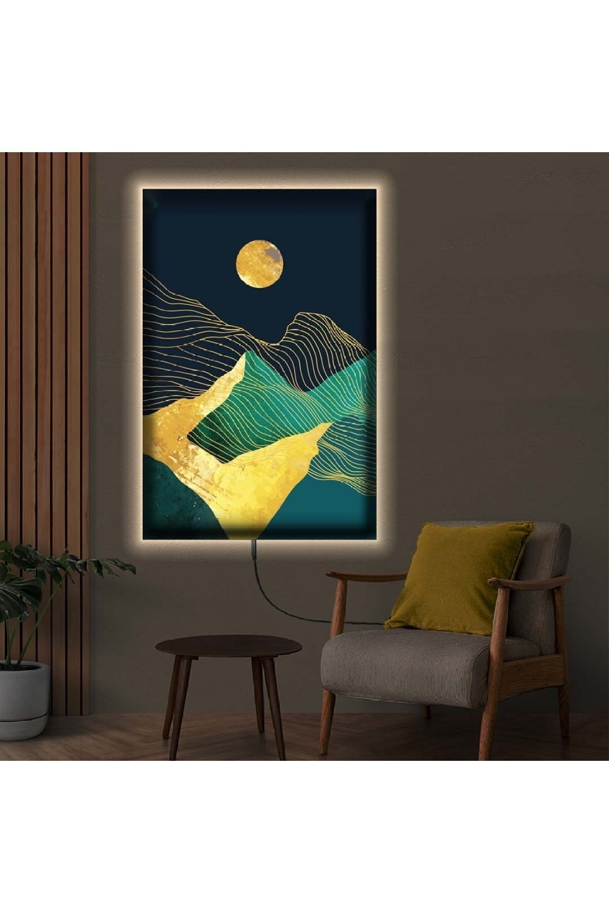 Modern Renkli Ledli Kolaj Çizim Dağ Ahşap Şase Dijital Baskı Kanvas Tablo 50X70Cm