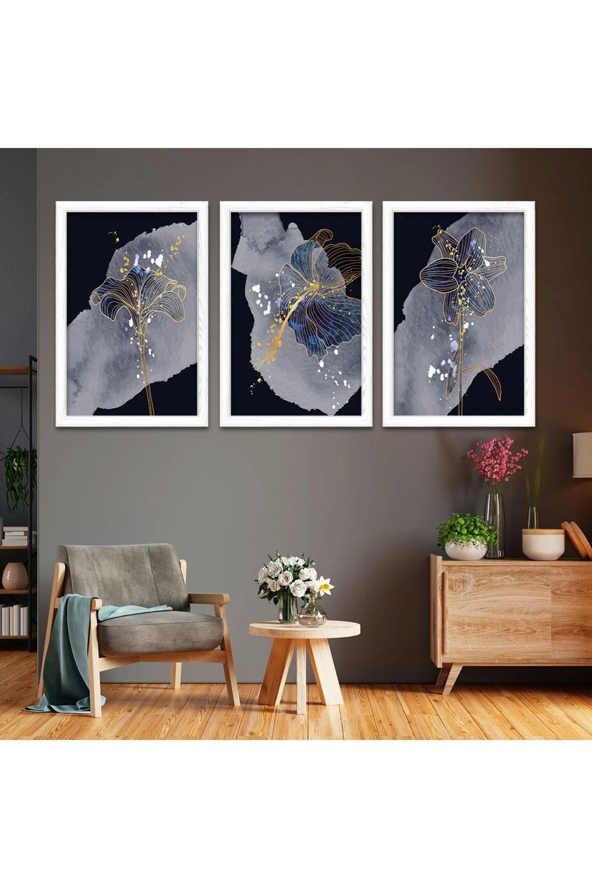 Beyaz Ahşap Çerçeveli Kolaj Çizim Modern Tablo