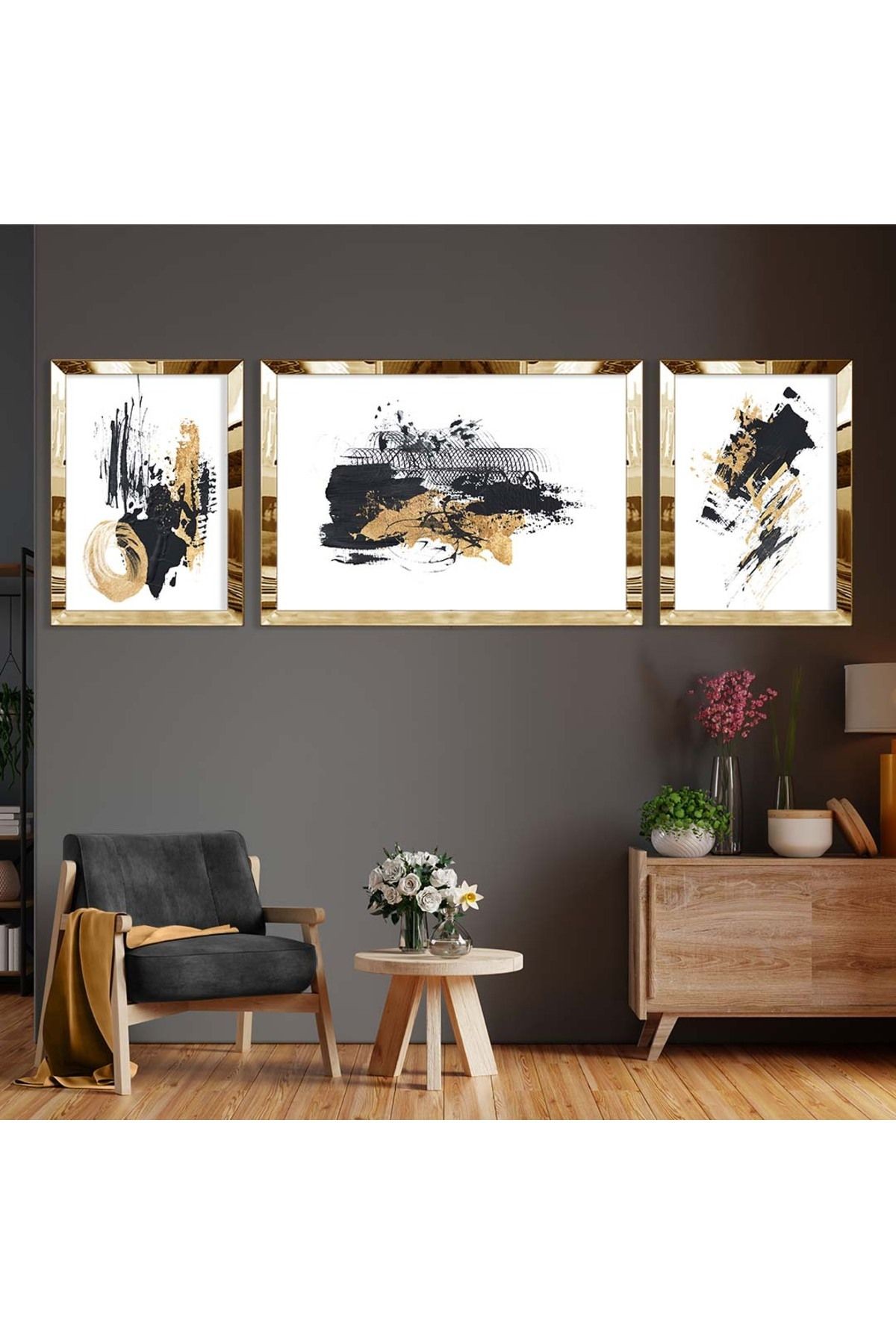 Gold Aynalı Pleksi Çerçeveli Üçlü Beyaz Arka Planlı Gold Ve Siyah Desenli Mdf Tablo Seti