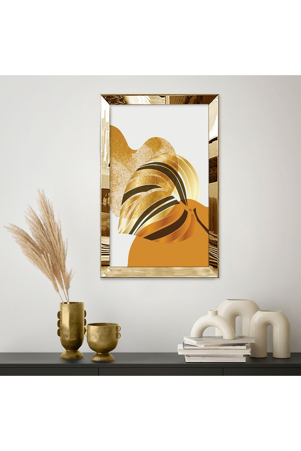 Gold Aynalı Pleksi Çerçeveli Soyut Şekilli Büyük Altın Yaprak Mdf Tablo