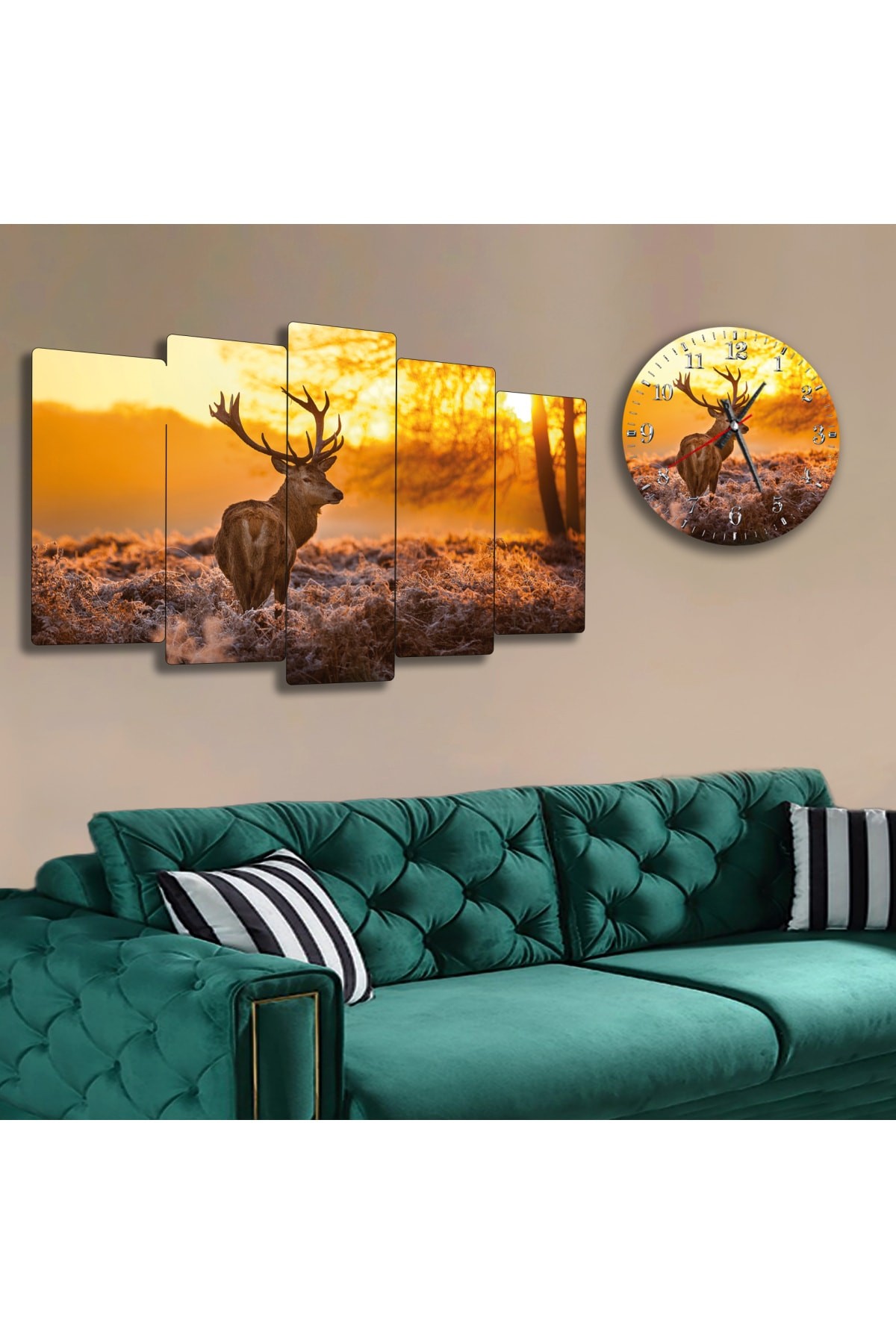 Salon Tablosu Geyik Solmaz MDF Tablo Ve Saat Kombin