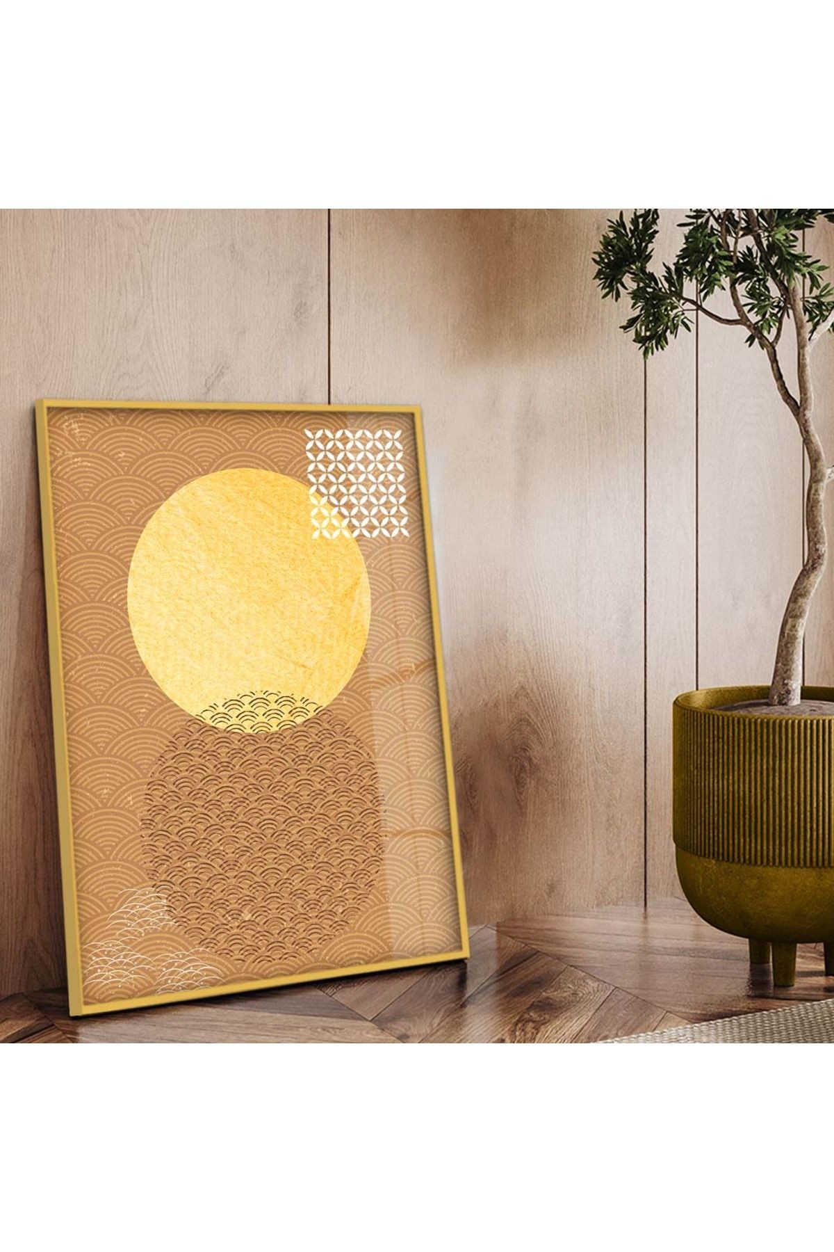 Gold Metal Çerçeveli Geometrik Desen Modern Çizim Kırılmaz Cam Tablo