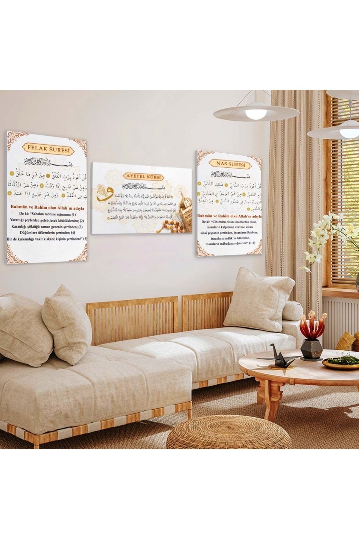 KANVAS BEYAZ ÜZERİ AYETEL KÜRSİ FELAK SURESİ VE NAS SURESİ DİNİ ÜÇLÜ TABLO SETİ
