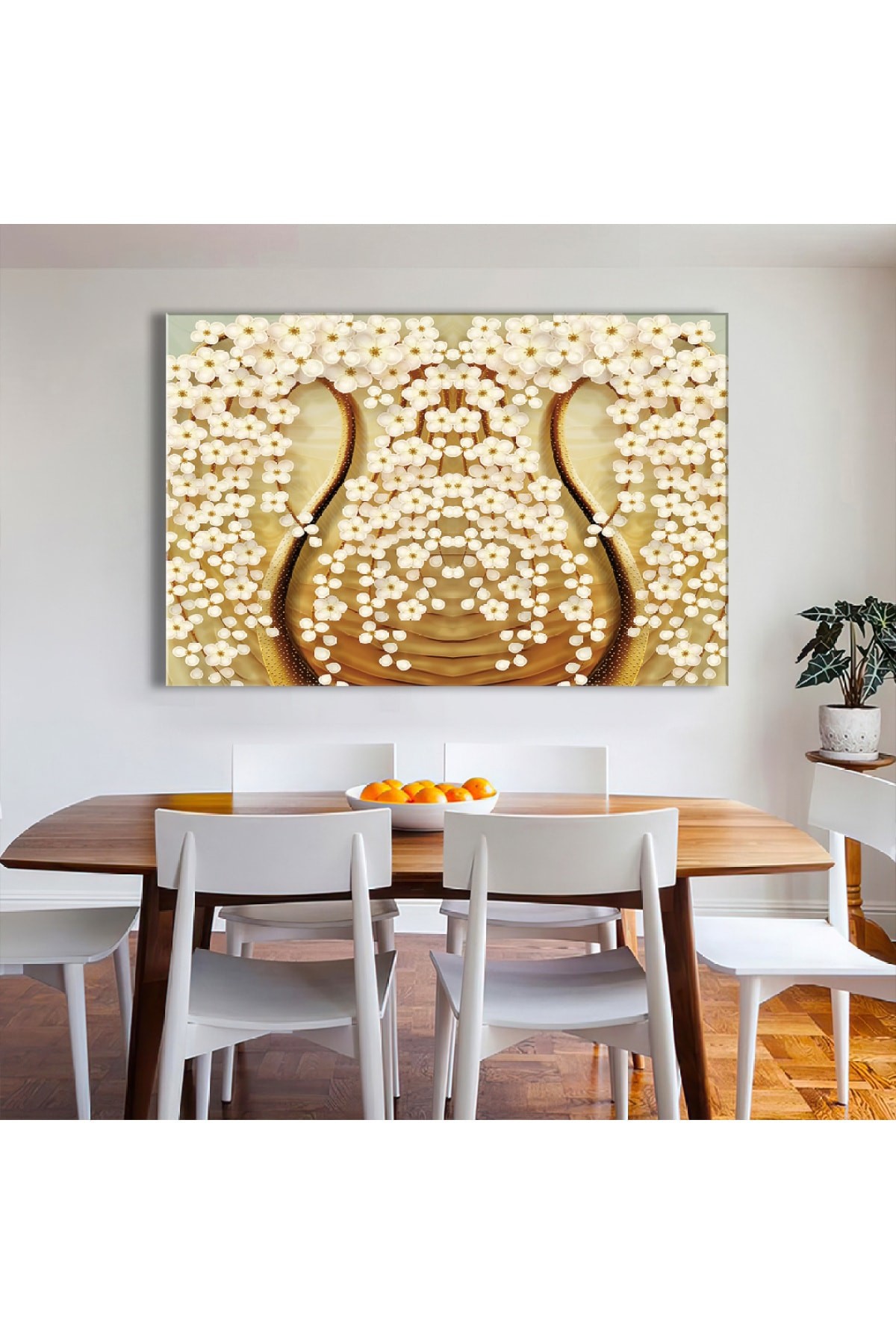 Beyaz Çiçek Ahşap Şase Dijital Baskı Sakinleştirici Kanvas Tablo 120X80Cm