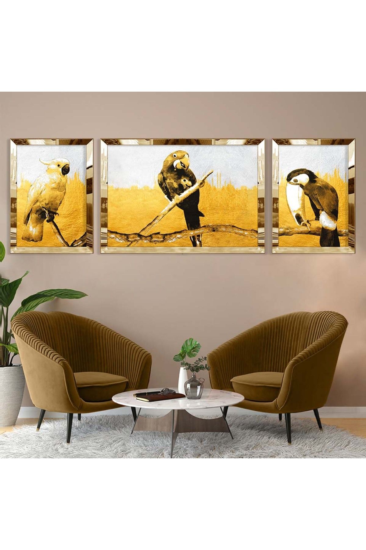 Gold Aynalı Pleksi Çerçeveli Üçlü Beyaz Ve Gold Arka Planlı Papağan Desenli Mdf Tablo Seti