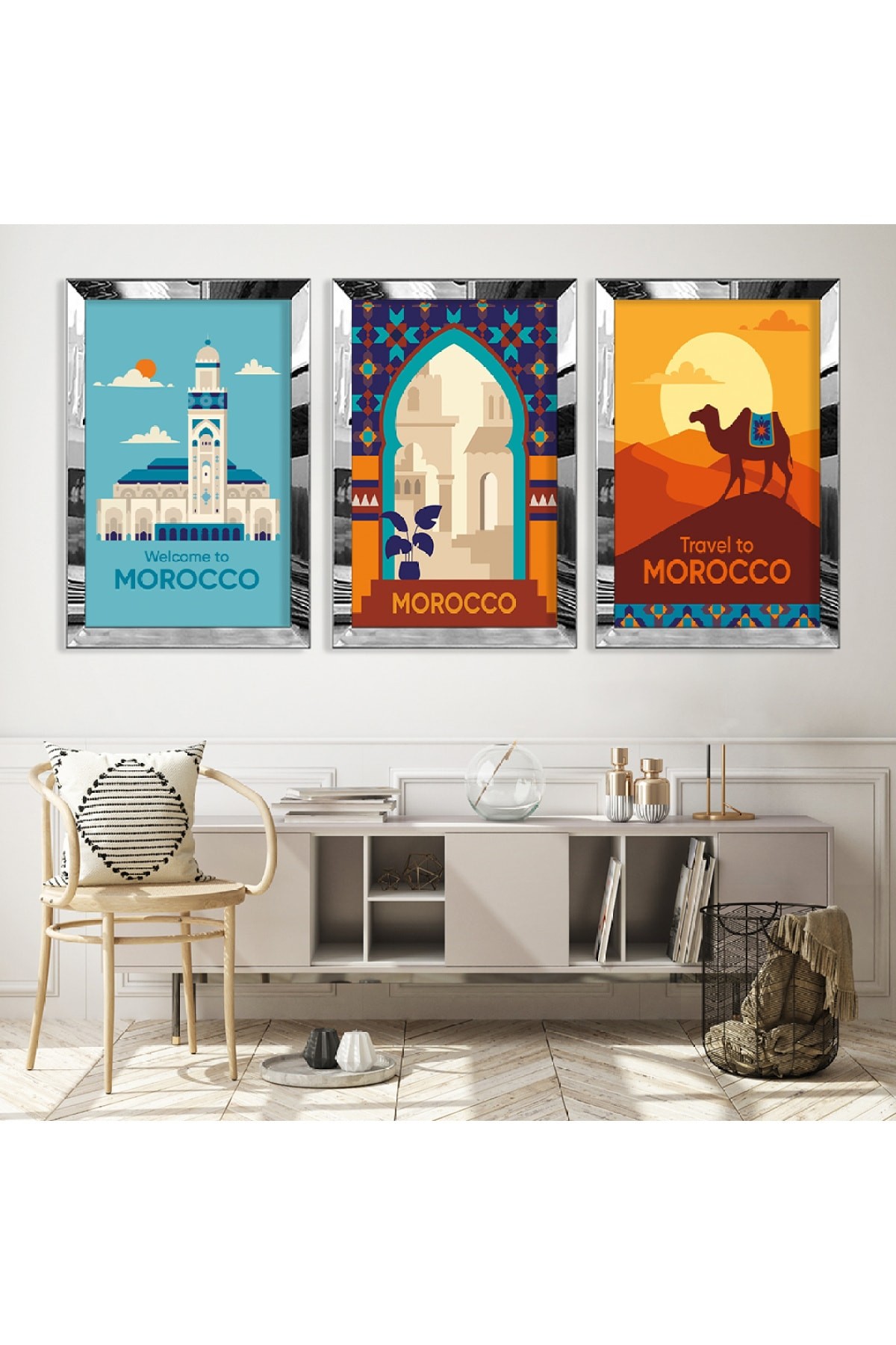Travel Gold Pleksi Kenar 3'Lü Solmaz MDF Tablo Ve Saat Kombin