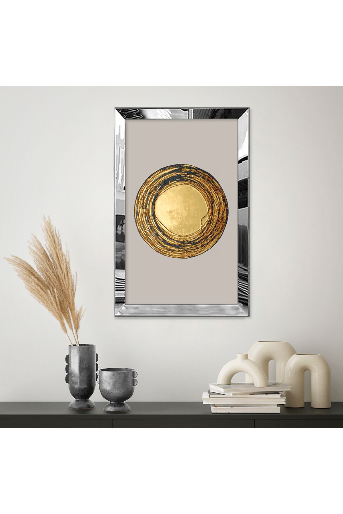 Gümüş Aynalı Pleksi Çerçeveli Beyaz Arka Planlı Gold Daire Görseli Mdf Tablo