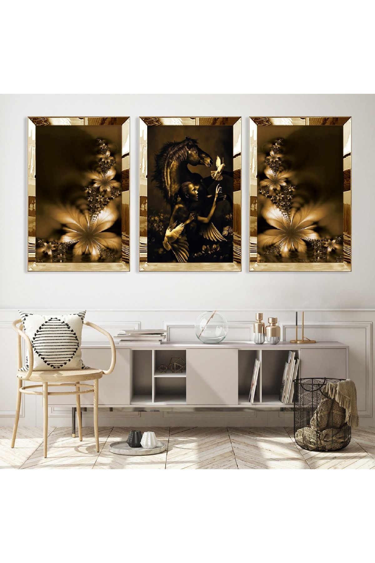 Gold Aynalı Pleksi Çerçeveli Çiçek Üçlü Mdf Tablo Seti