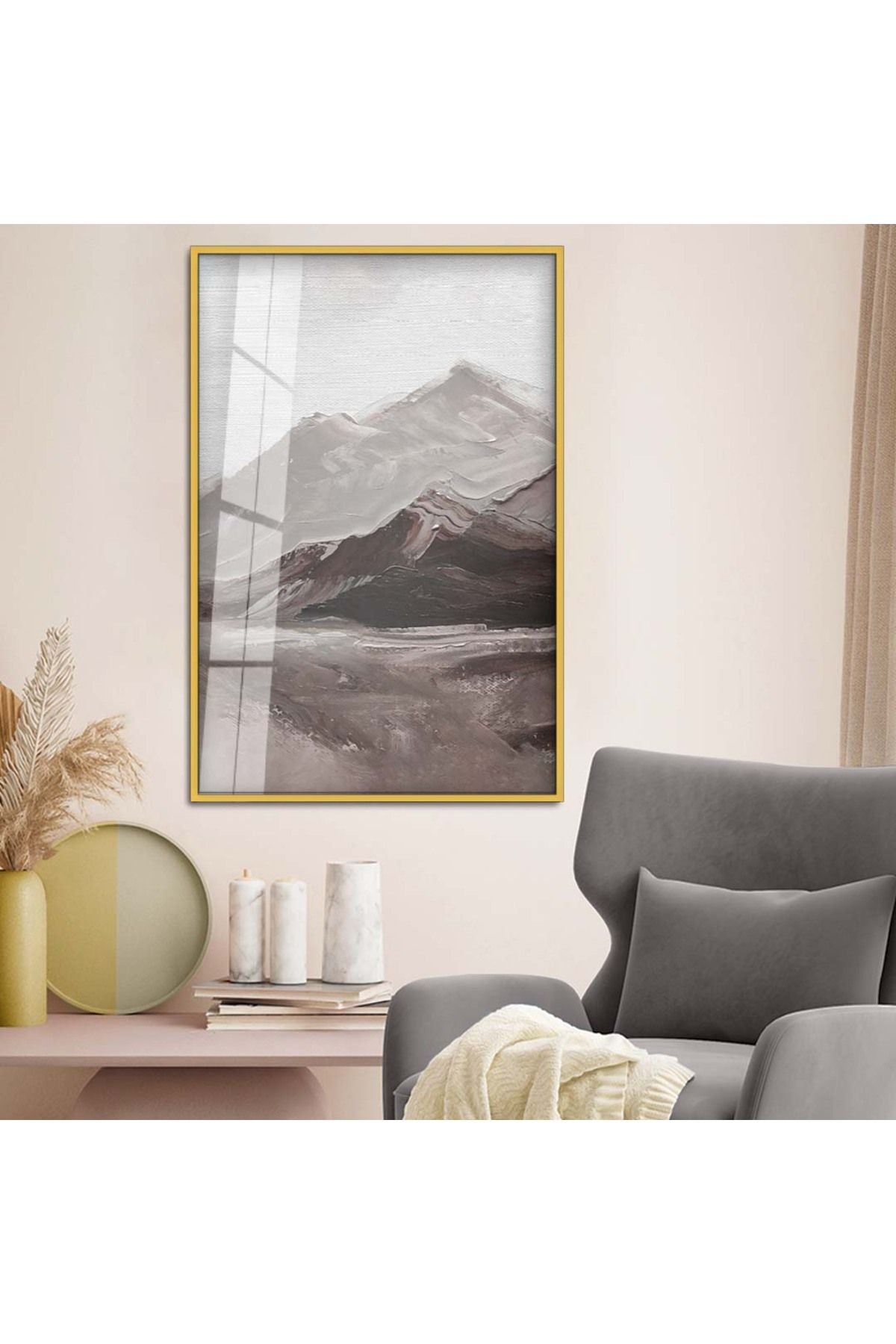 Gold Metal Çerçeveli Modern Çizim Dağ Tema Kırılmaz Cam Tablo