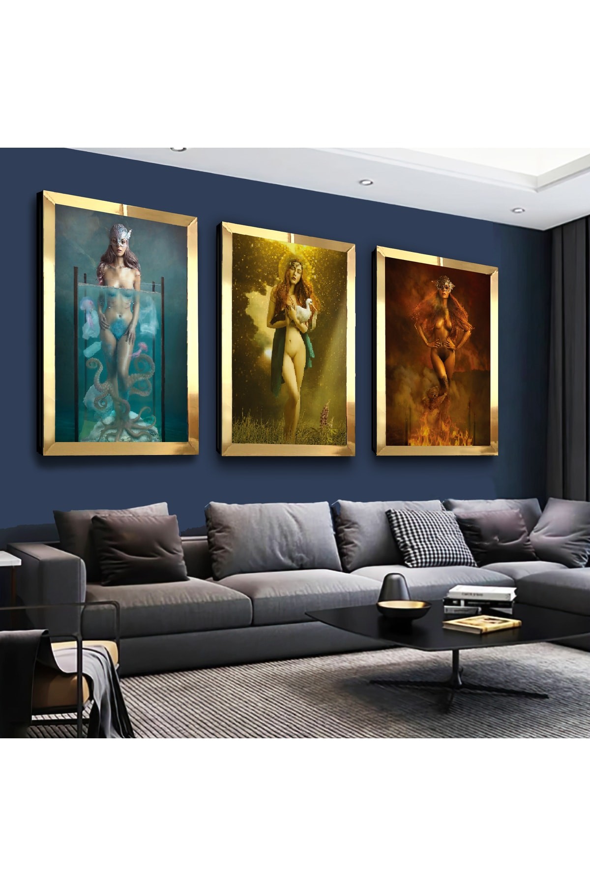 Modern Kadın Gold Pleksi Kenar 3'Lü Solmaz MDF Tablo Seti
