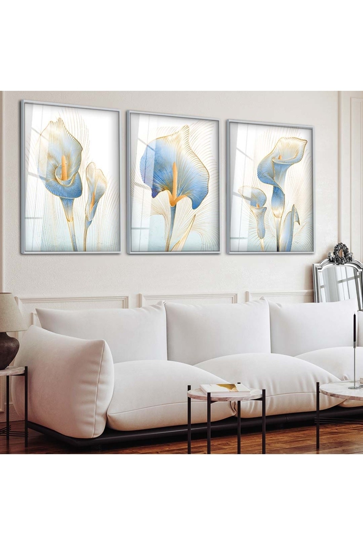 Minimalist Tablo Soyut Desen Çiçek 3'Lü Metal Çerçeveli UV Baskı Kırılmaz Cam Tablo Seti
