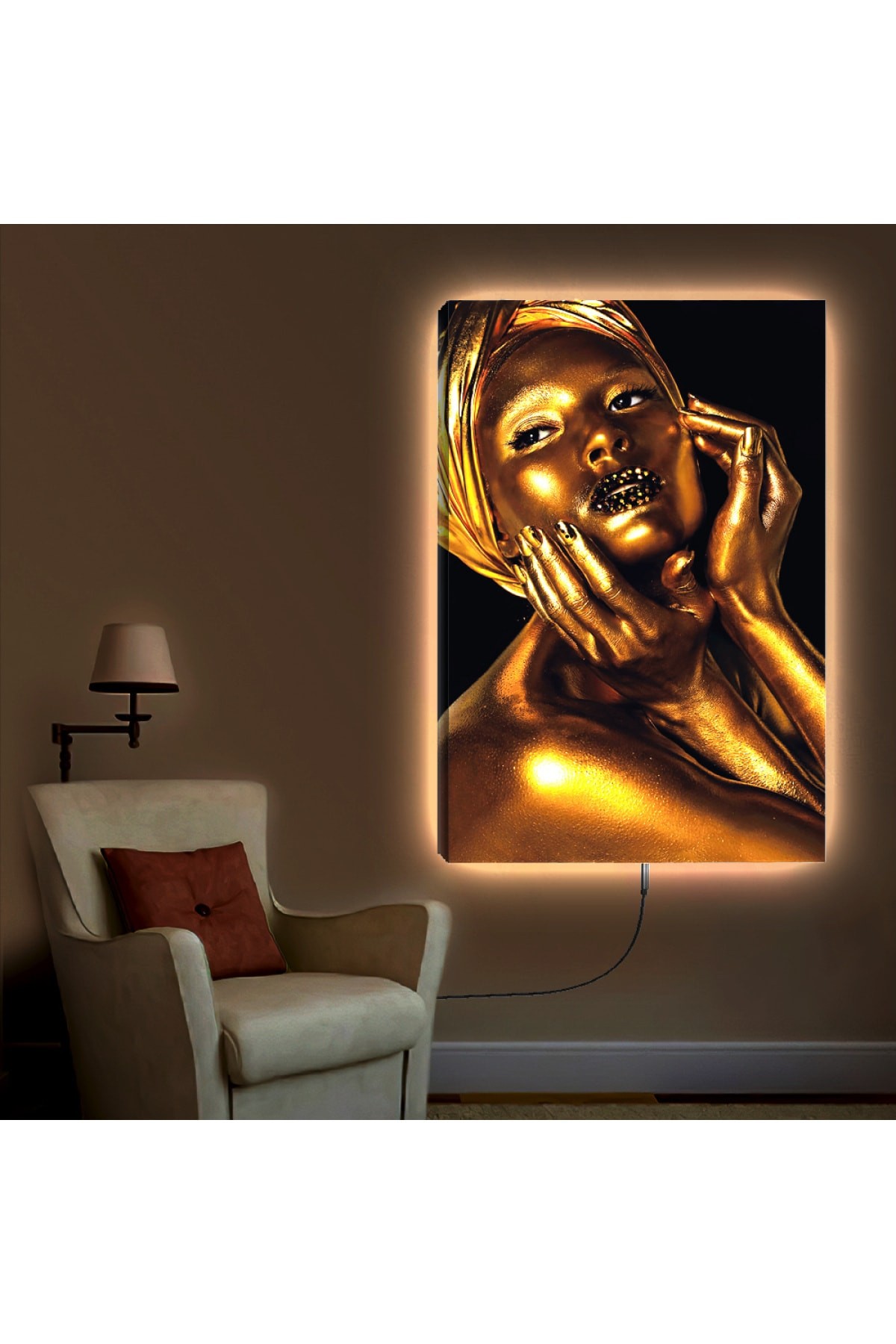 Ledli Altın Kadın Ahşap Şase Dijital Baskı Kanvas Tablo 90X60Cm