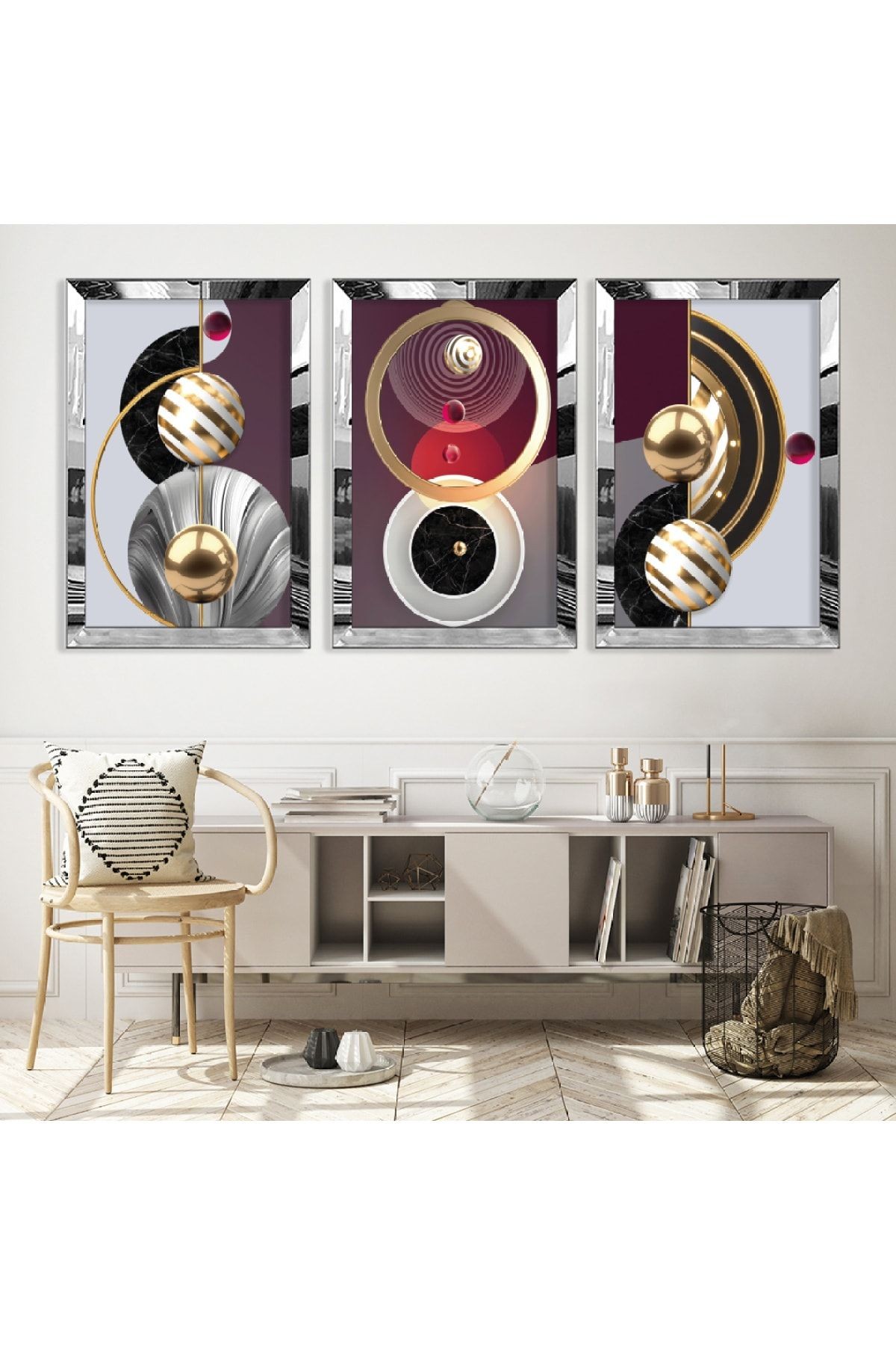 Gold Aynalı Pleksi Çerçeveli Minimalist Aynalı Üçlü Mdf Tablo Seti