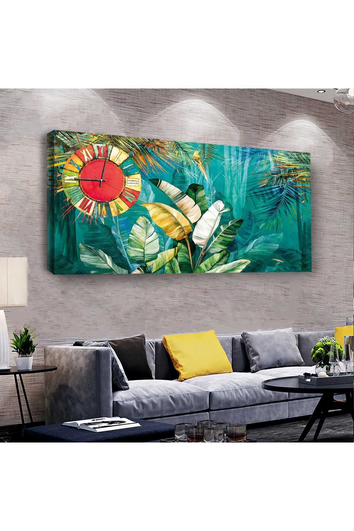 Bitki saatliAhşap Şase Dijital Baskı Kanvas Tablo 100X50Cm
