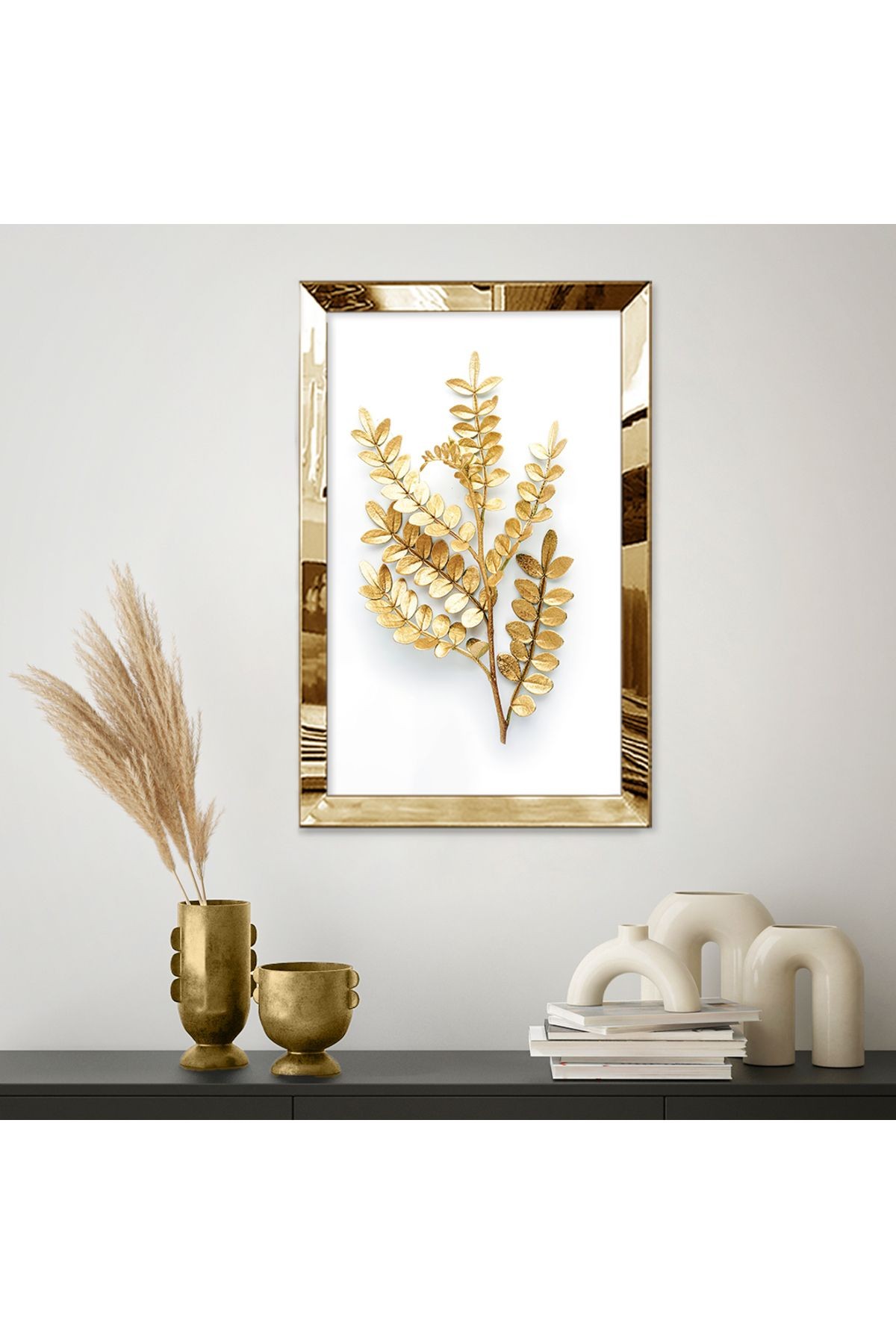 GOLD  AYNALI PLEKSİ ÇERÇEVELİ BEYAZ ARKA PLANLI GOLD YAPRAK GÖRSELİ TABLO