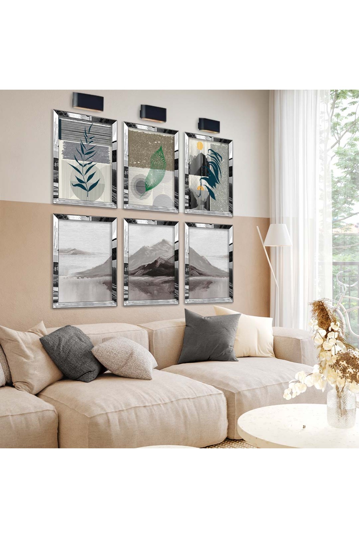 Modern Çizim Dağ Figür 6'Lı Pleksi Kenar Solmaz MDF Tablo Seti