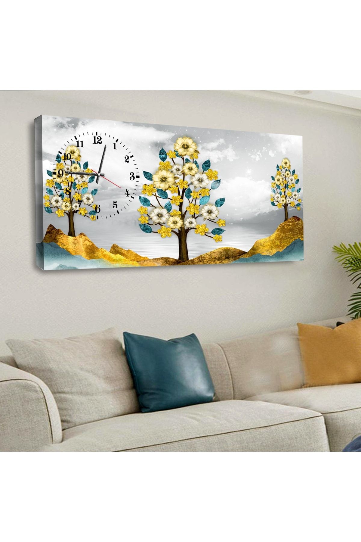 120 X 60 Saatli Kanvas Renkli Ağaç Tablo