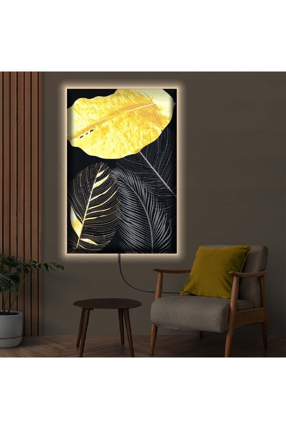 Modern Tablo Ledli Soyut Desen Çiçek Ahşap Şase Dijital Baskı Kanvas Tablo 50X70Cm