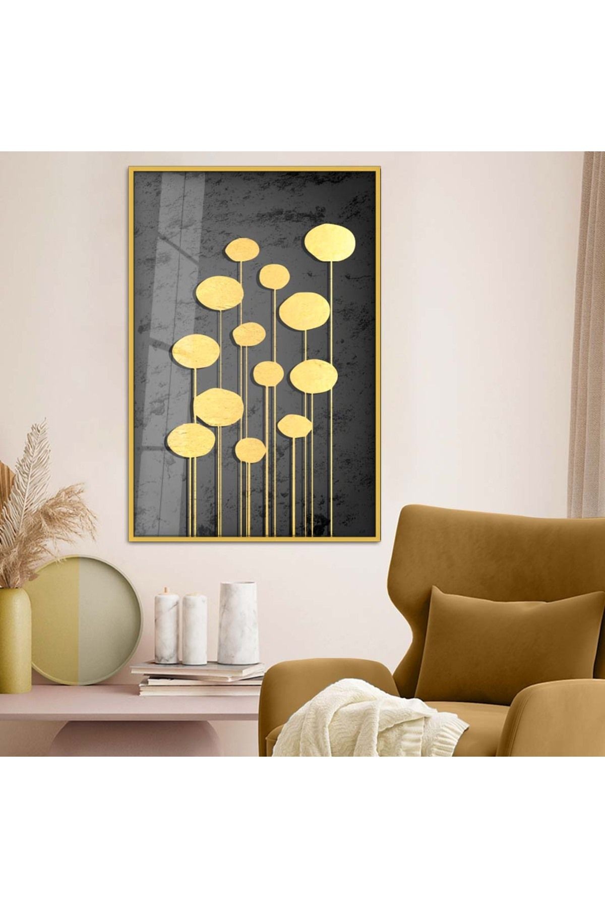 Gold Metal Çerçeveli Gold Tema Kolaj Çizim Kırılmaz Cam Tablo