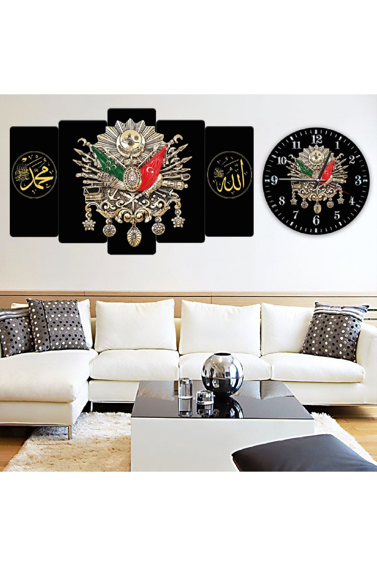 Altılı Mdf Siyah Arka Planlı Osmanlı Tuğrası Saatli Tablo Seti