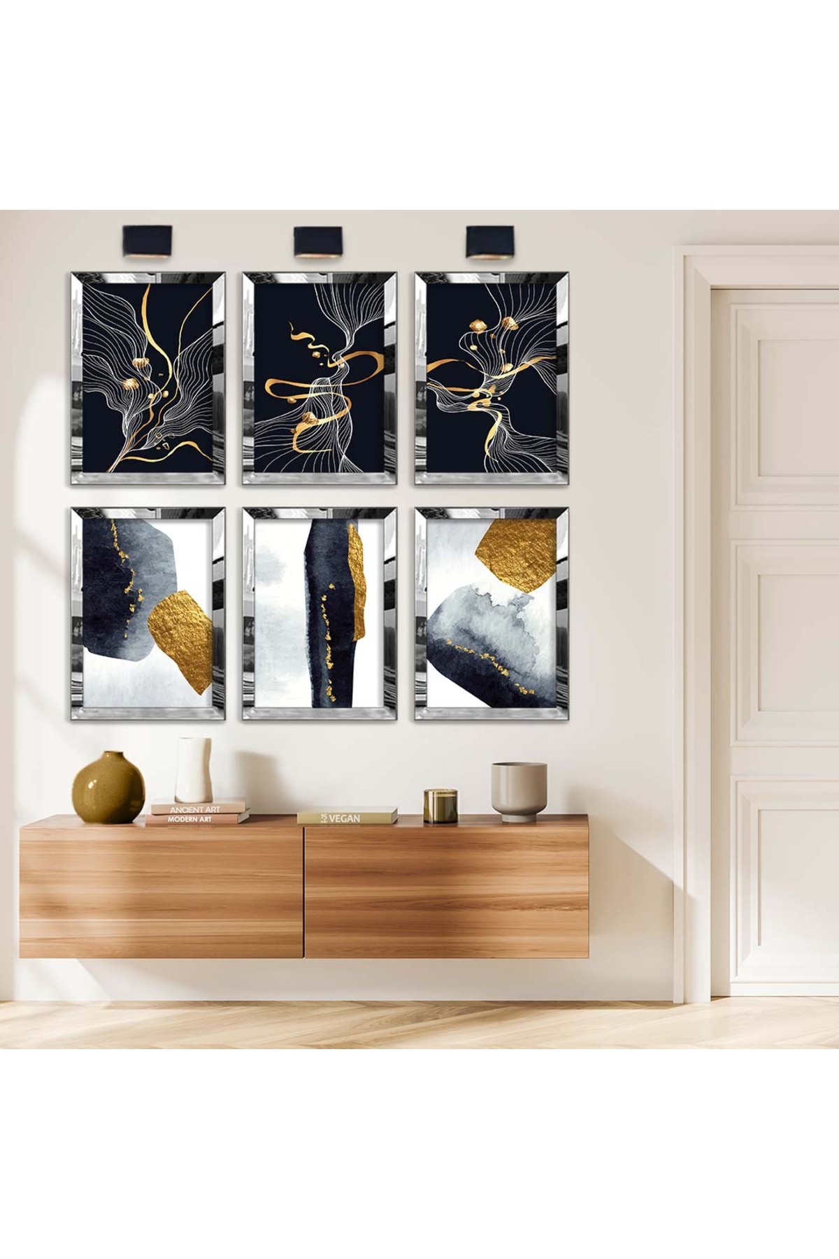 Modern Çiçek Desen Gold Tema 6'Lı Pleksi Kenar Solmaz MDF Tablo Seti