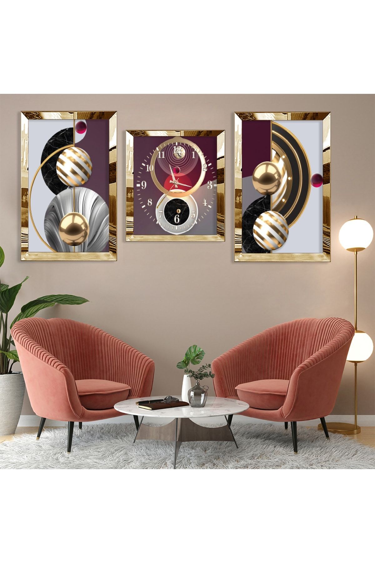 Soyut Desen Gold Pleksi Kenar Üçlü Mdf Tablo Seti Ve Saat Seti