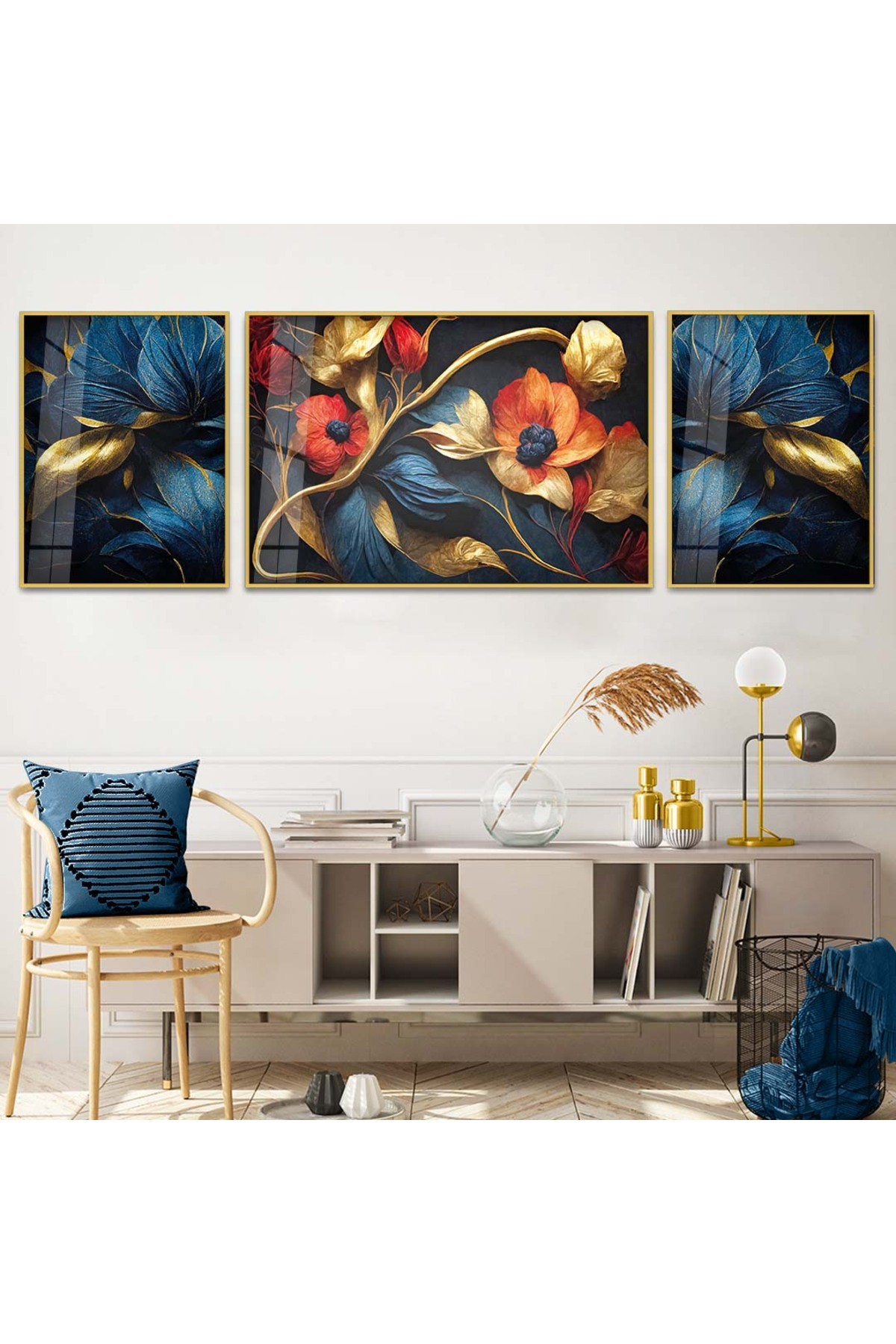 Minimalist Mavi Çiçek Soyut Desen 3'Lü Metal Çerçeveli UV Baskı Kırılmaz Cam Tablo