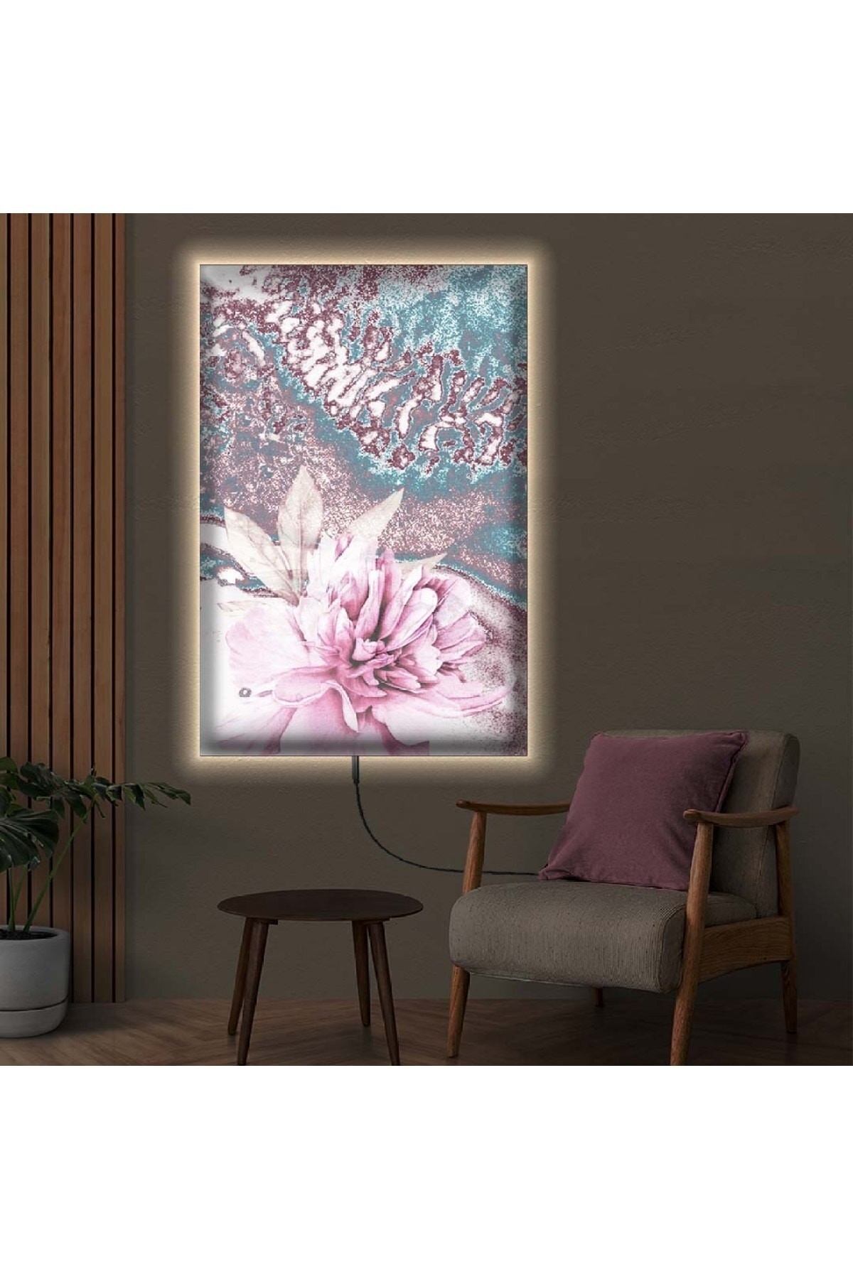 Renkli Ledli Çiçek Desen Ahşap Şase Dijital Baskı Kanvas Tablo 50X70Cm