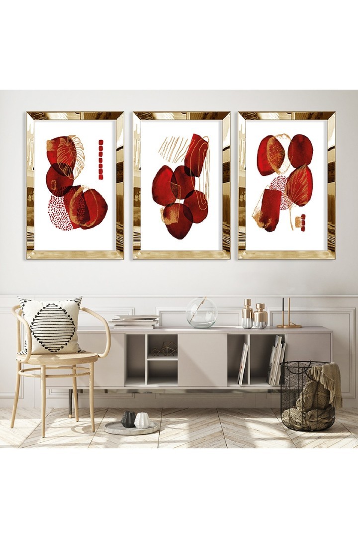 Salon Tablosu Şekiller Soyut Desen Gold Pleksi Kenar 3'Lü Solmaz MDF Tablo