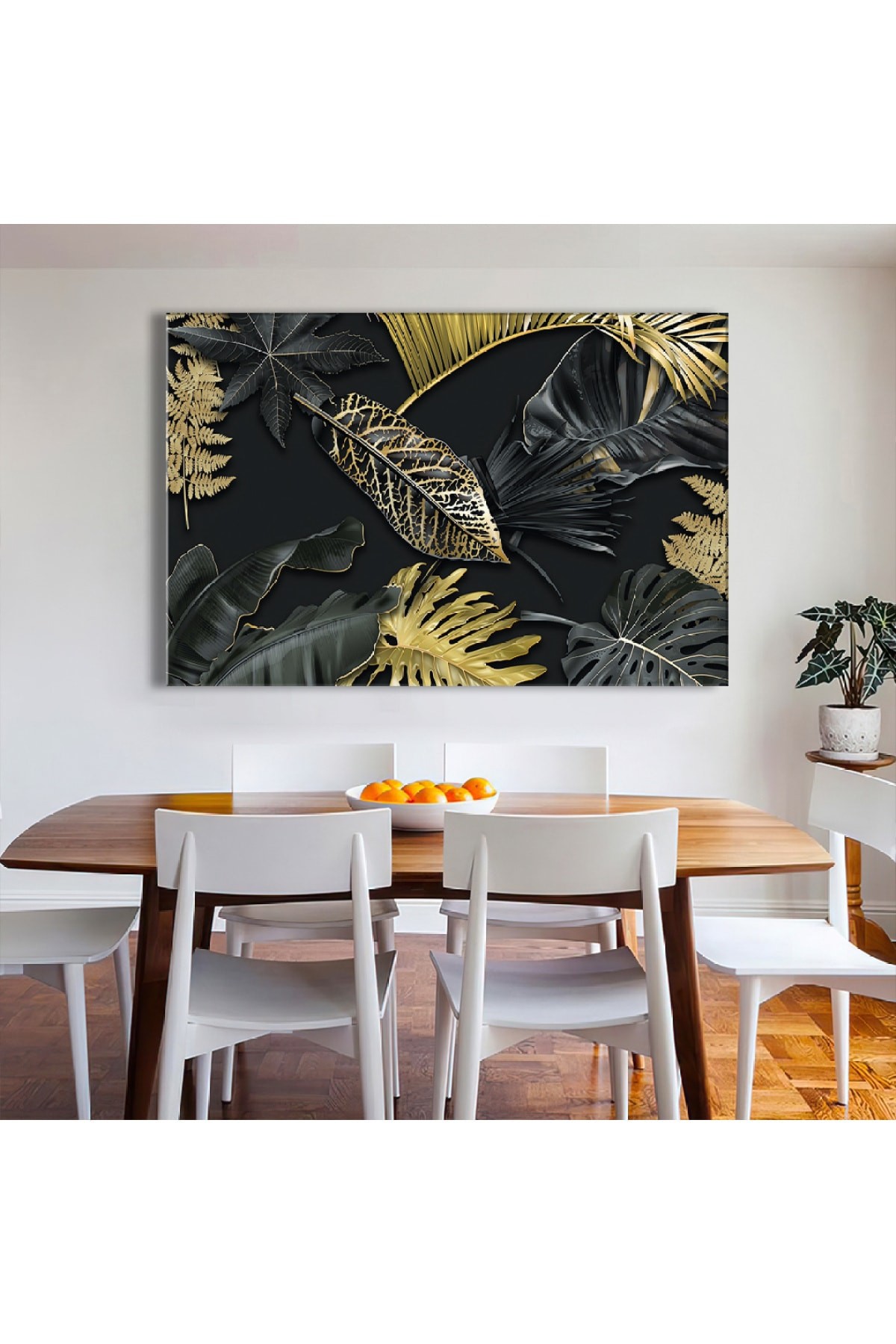 Siyah Altın Yapraklar Ahşap Şase Dijital Baskı Kanvas Tablo 120X80Cm