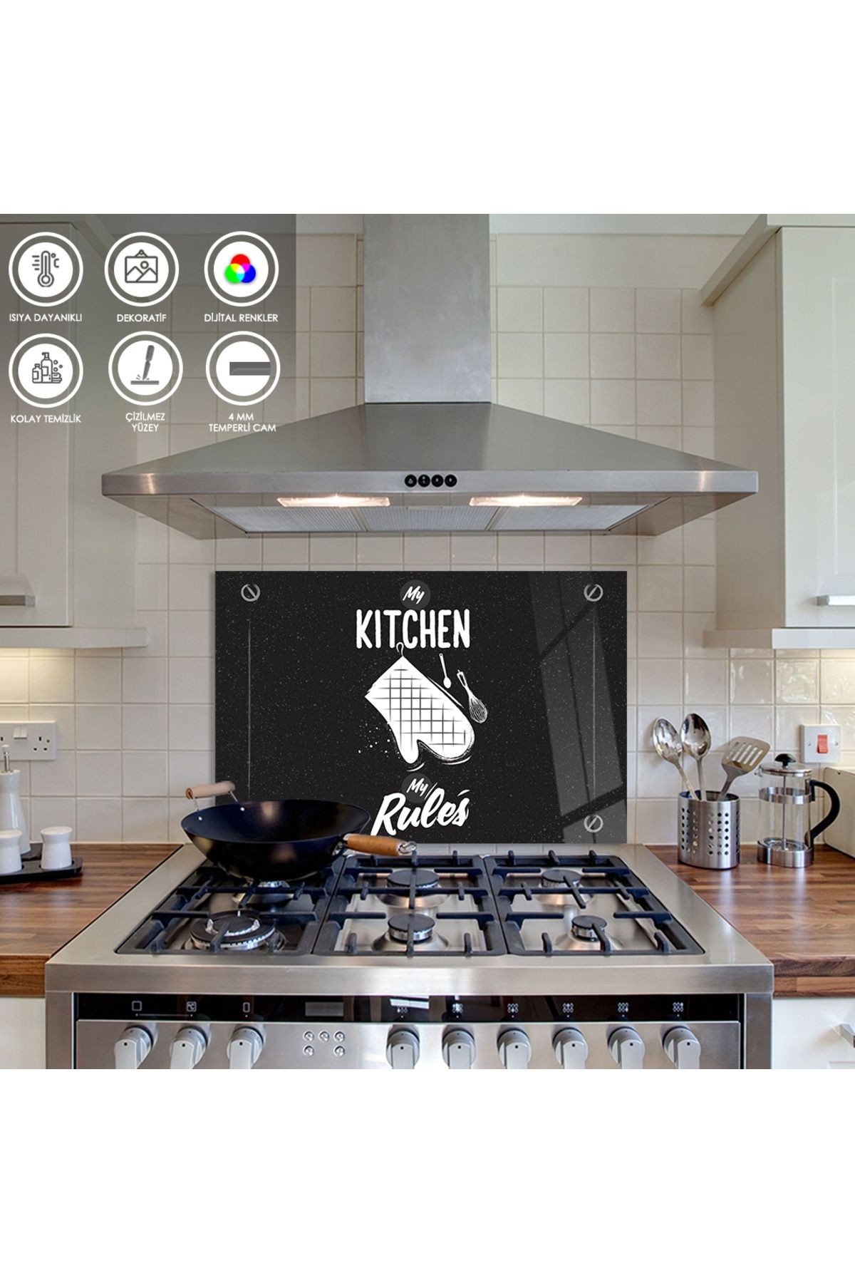 Ocak Arkası Temperli Cam "My Kitchen My Rules" Desenli Yazılı