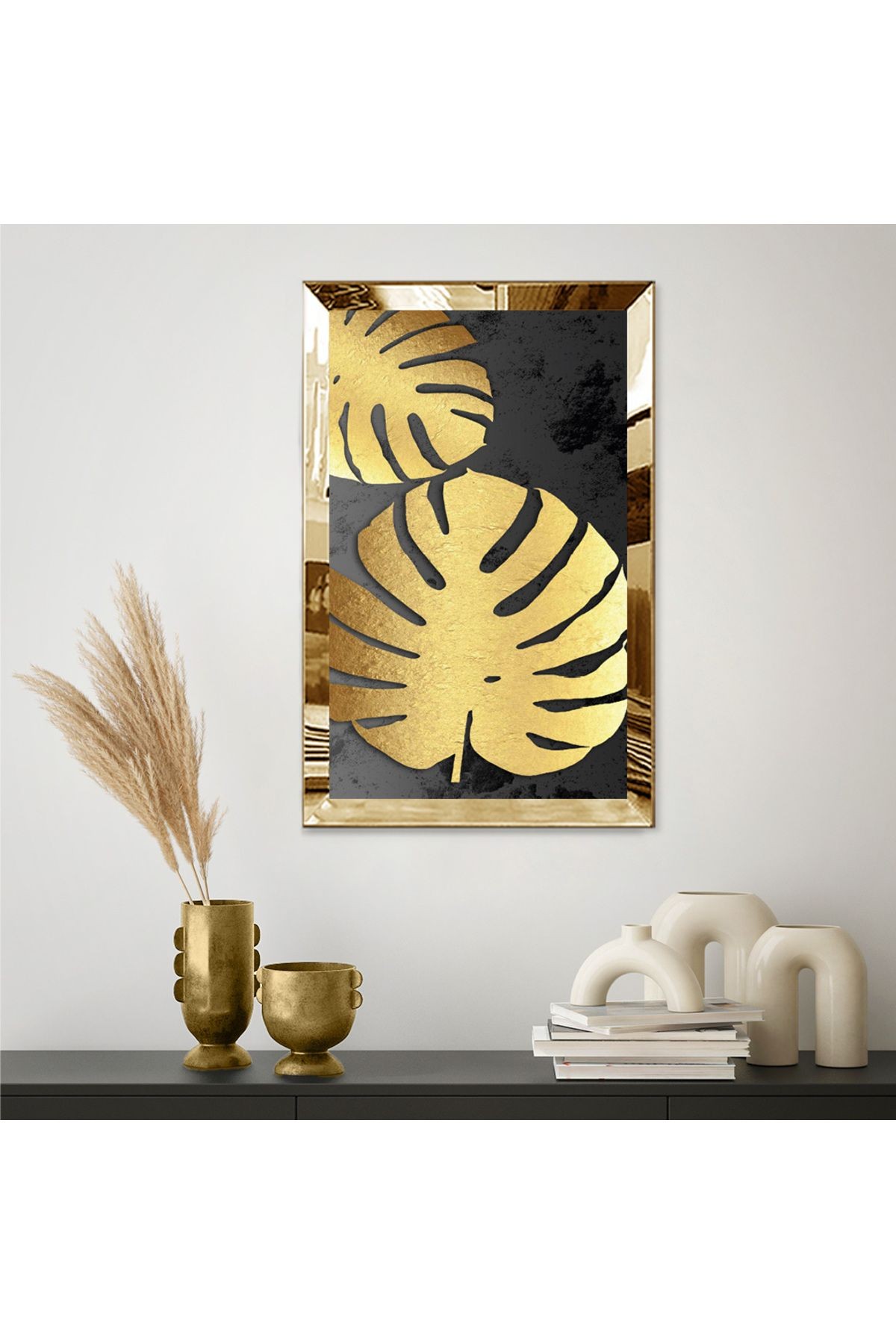 Gold Aynalı Pleksi Çerçeveli Altın Renkli Modern Çiçek Mdf Tablo