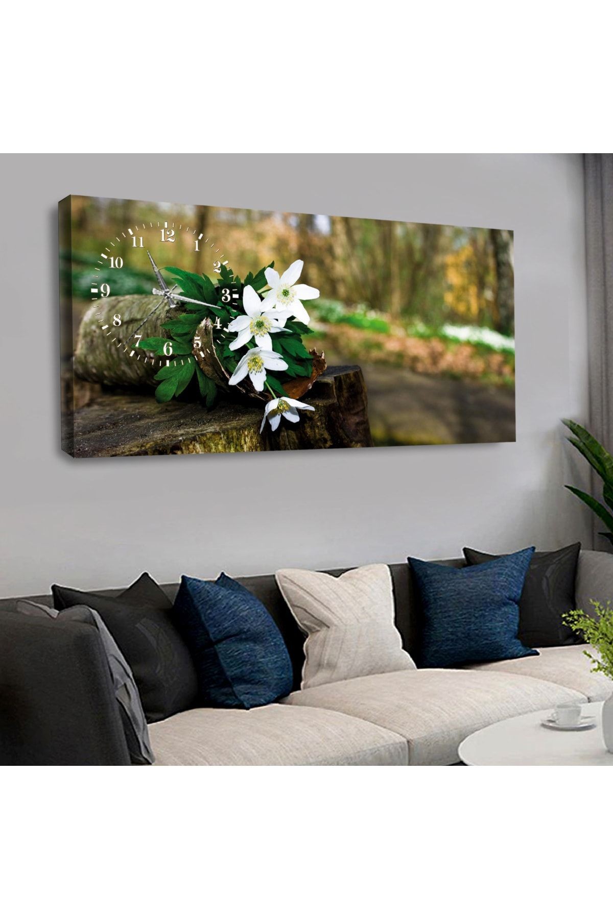 120x60 Saatli Doğa Çiçek Kanvas Tablo