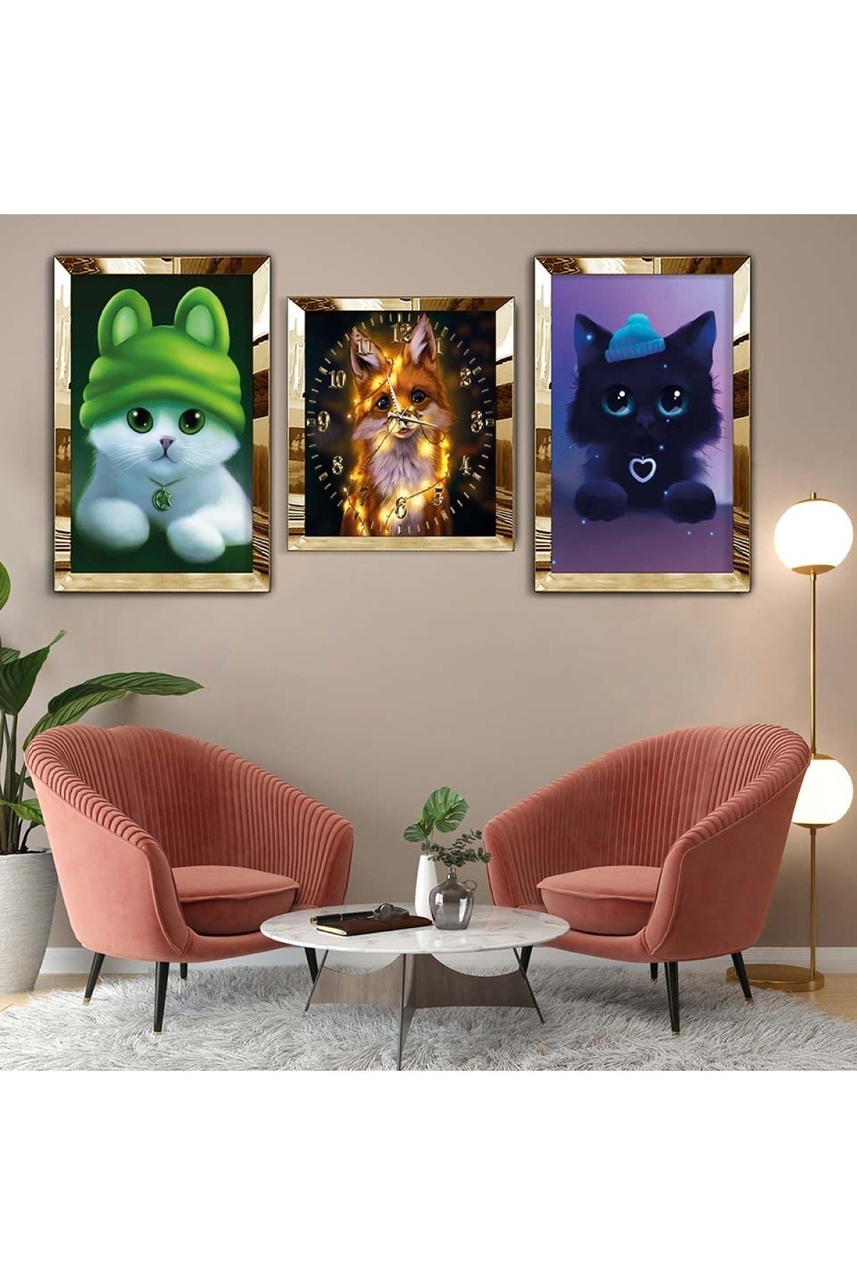 Modern Modern Gold Pleksi Kenar 3'Lü Solmaz MDF Tablo Saat Seti