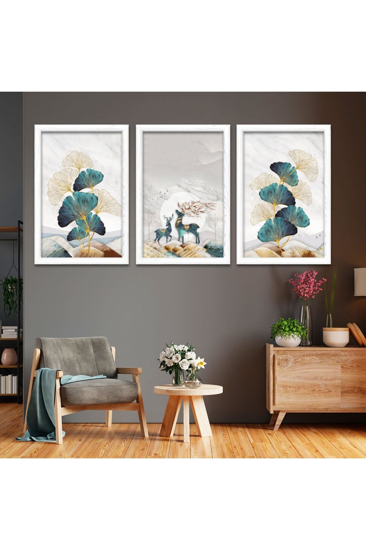 Beyaz Ahşap Çerçeveli Kolaj Çizim Modern Tablo
