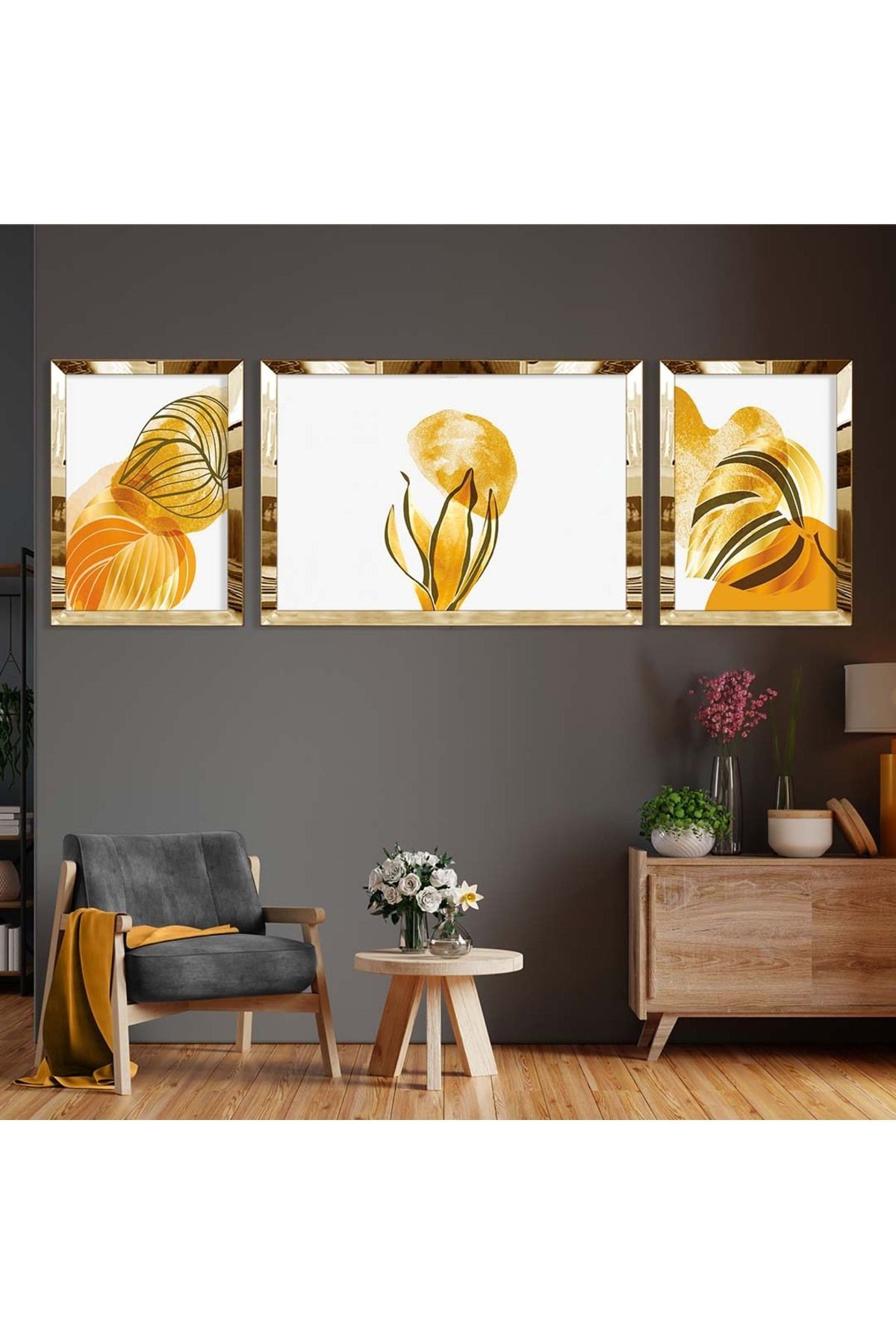 Gold Aynalı Pleksi Çerçeveli Üçlü Beyaz Arka Planlı Gold Soyut Yaprak Desenli Mdf Tablo Seti