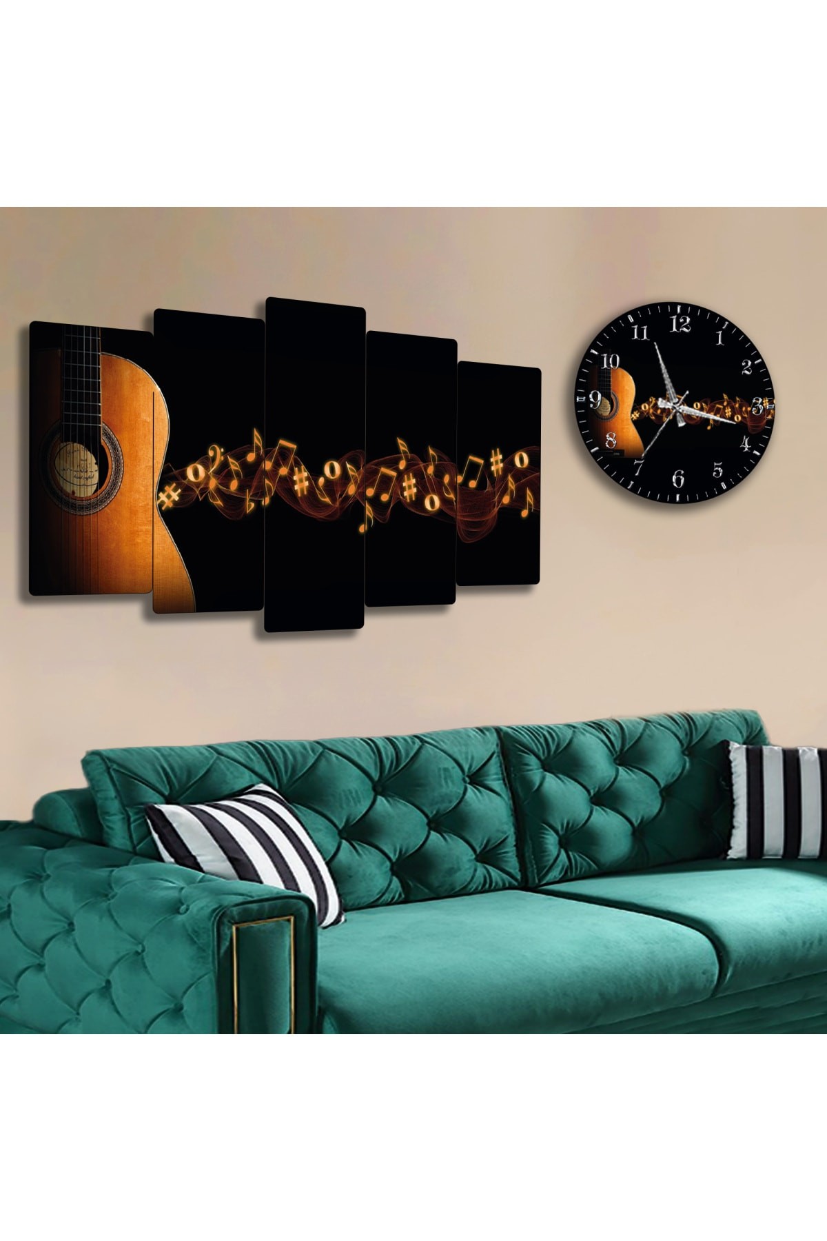 Gitar Müzik Ekstra Dayanıklı Solmaz MDF Tablo Ve Saat Kombin