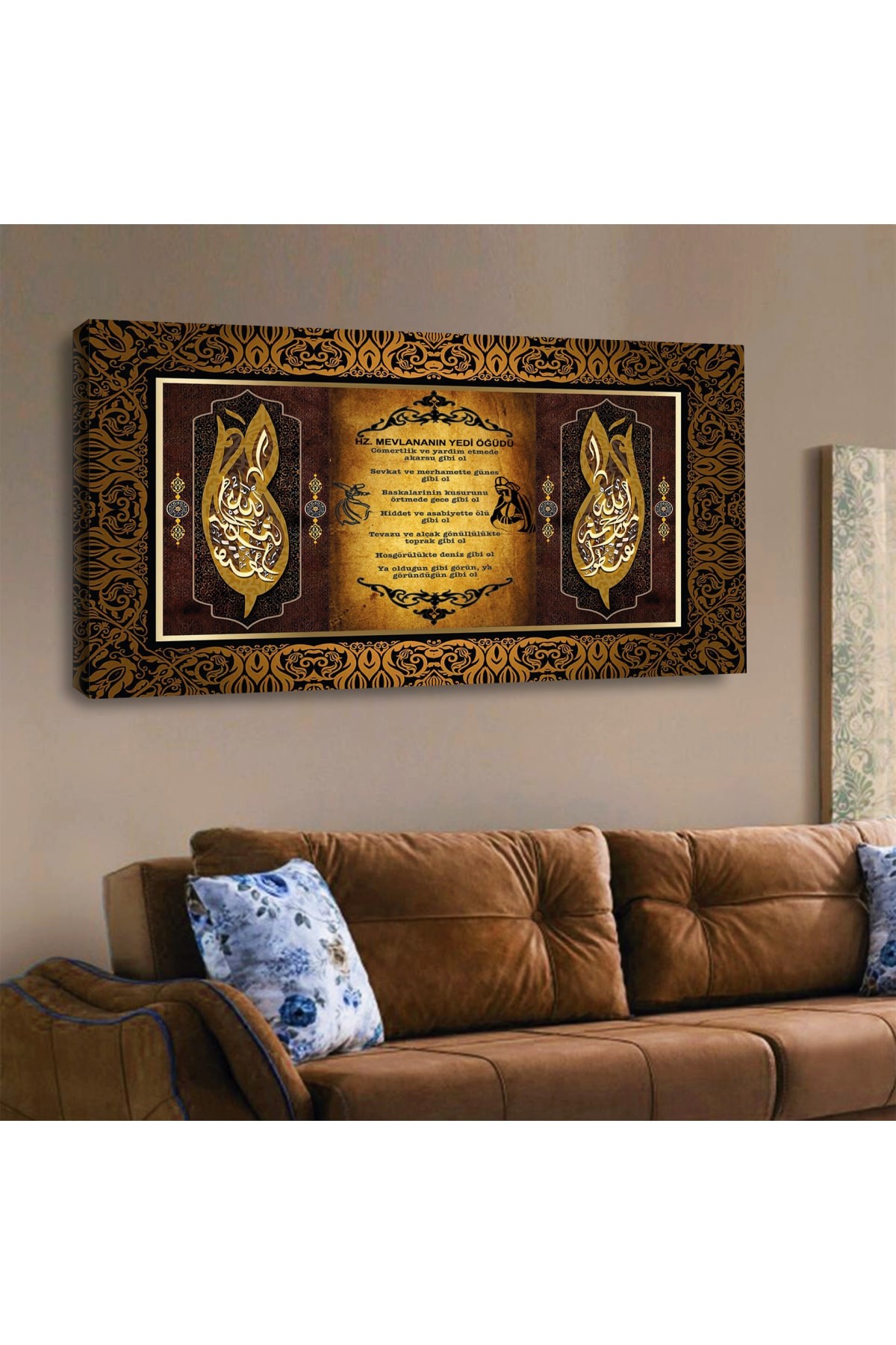 Ahşap Şase Dijital Baskı Kanvas Mevlananın Yedi Öğüdü Tablosu 120X60Cm