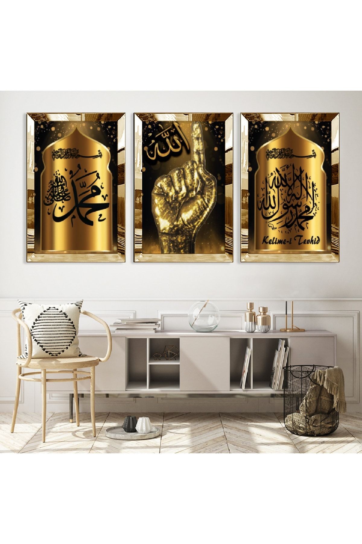 Gold Aynalı Pleksi Çerçeveli Kelime-i Tevhid Üçlü Mdf Tablo Seti