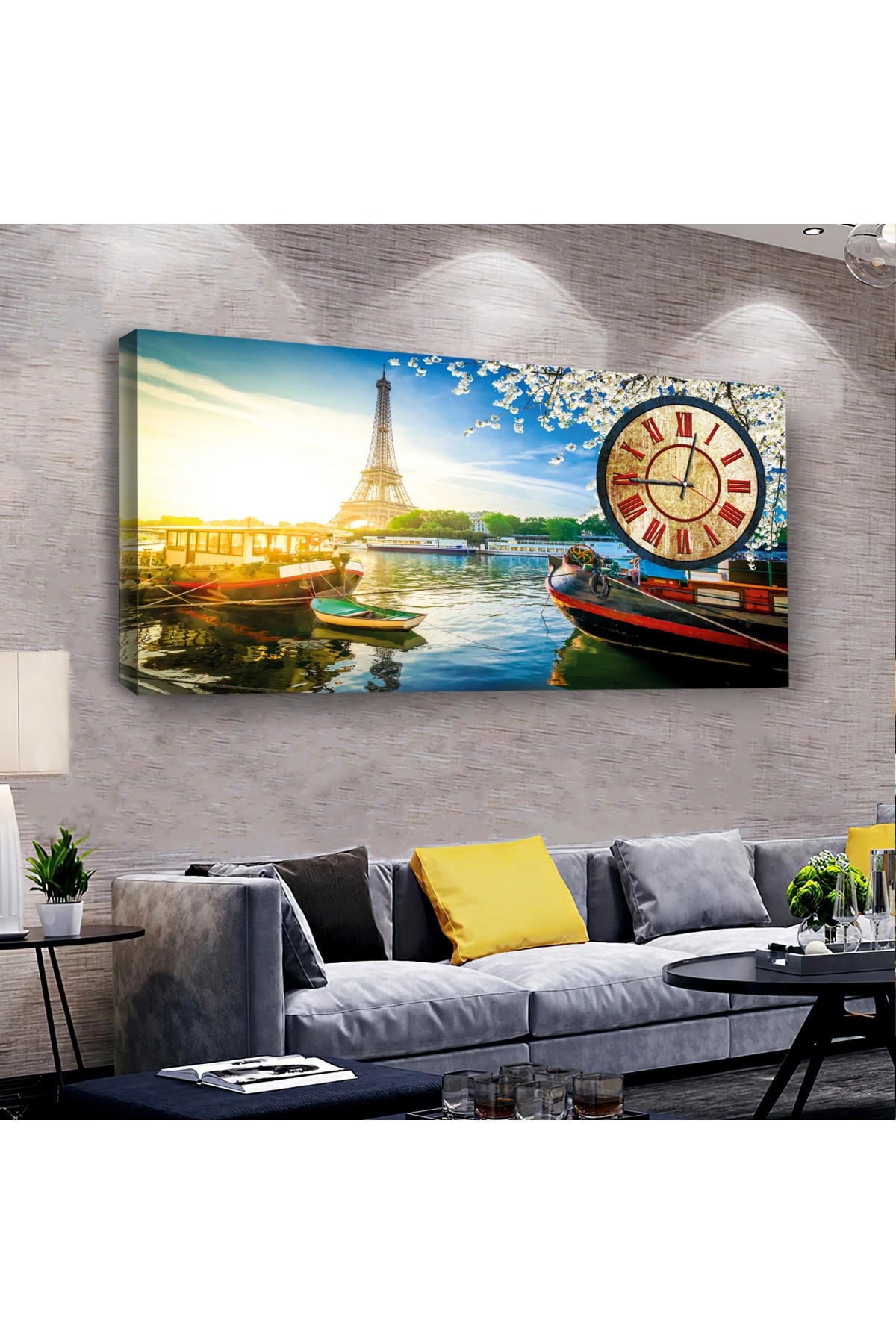 Özel Tasarım Eiffel Manzara saatliAhşap Şase Dijital Baskı Kanvas Tablo 100X50Cm