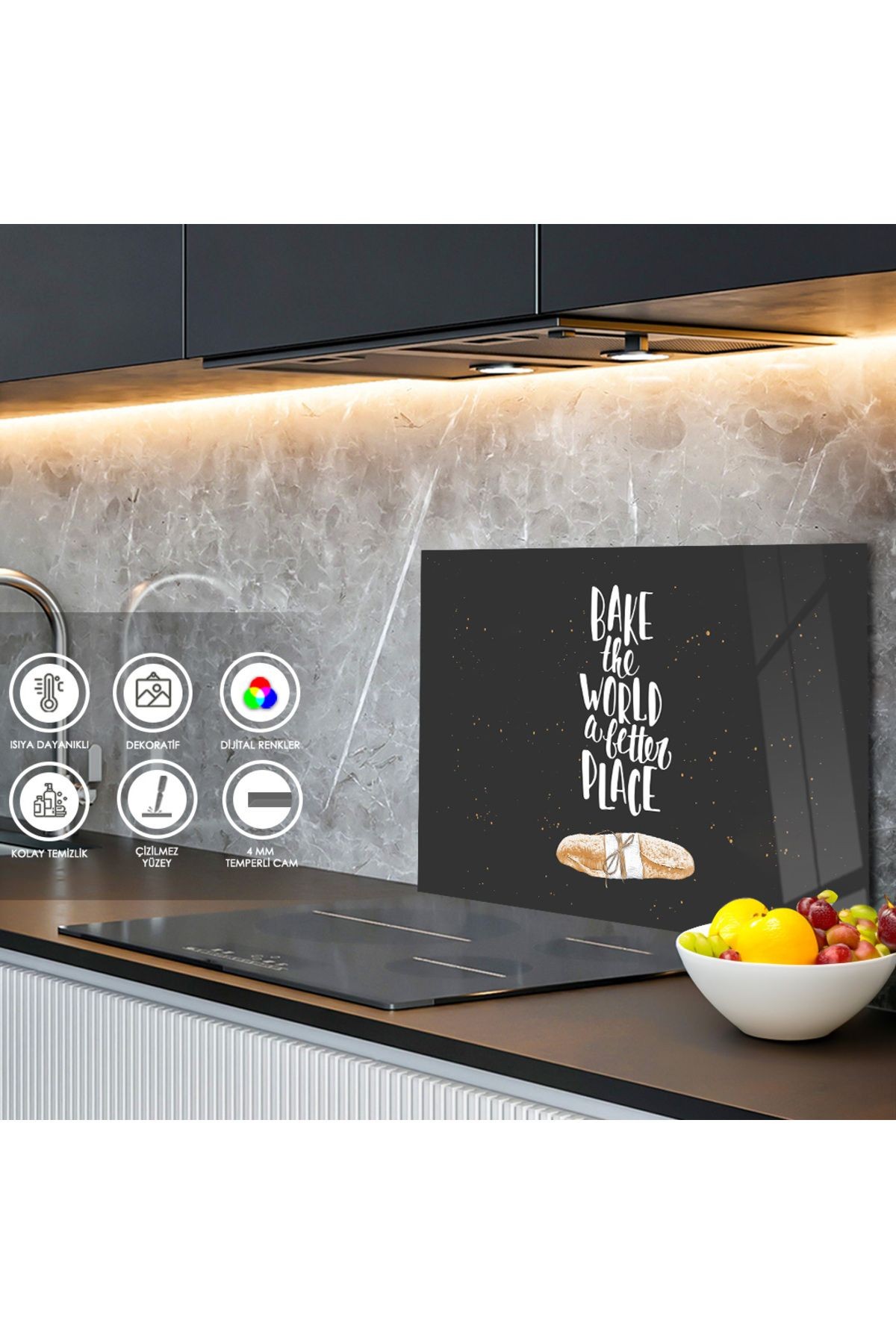 Ocak Arkası Temperli Cam "Bake The World A Better Place" Yazılı