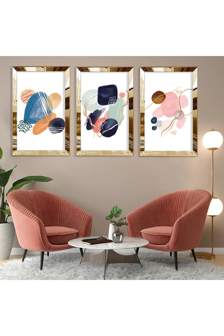 Ofis Tablosu Şekiller Soyut Desen Gold Pleksi Kenar 3'Lü Solmaz MDF Tablo