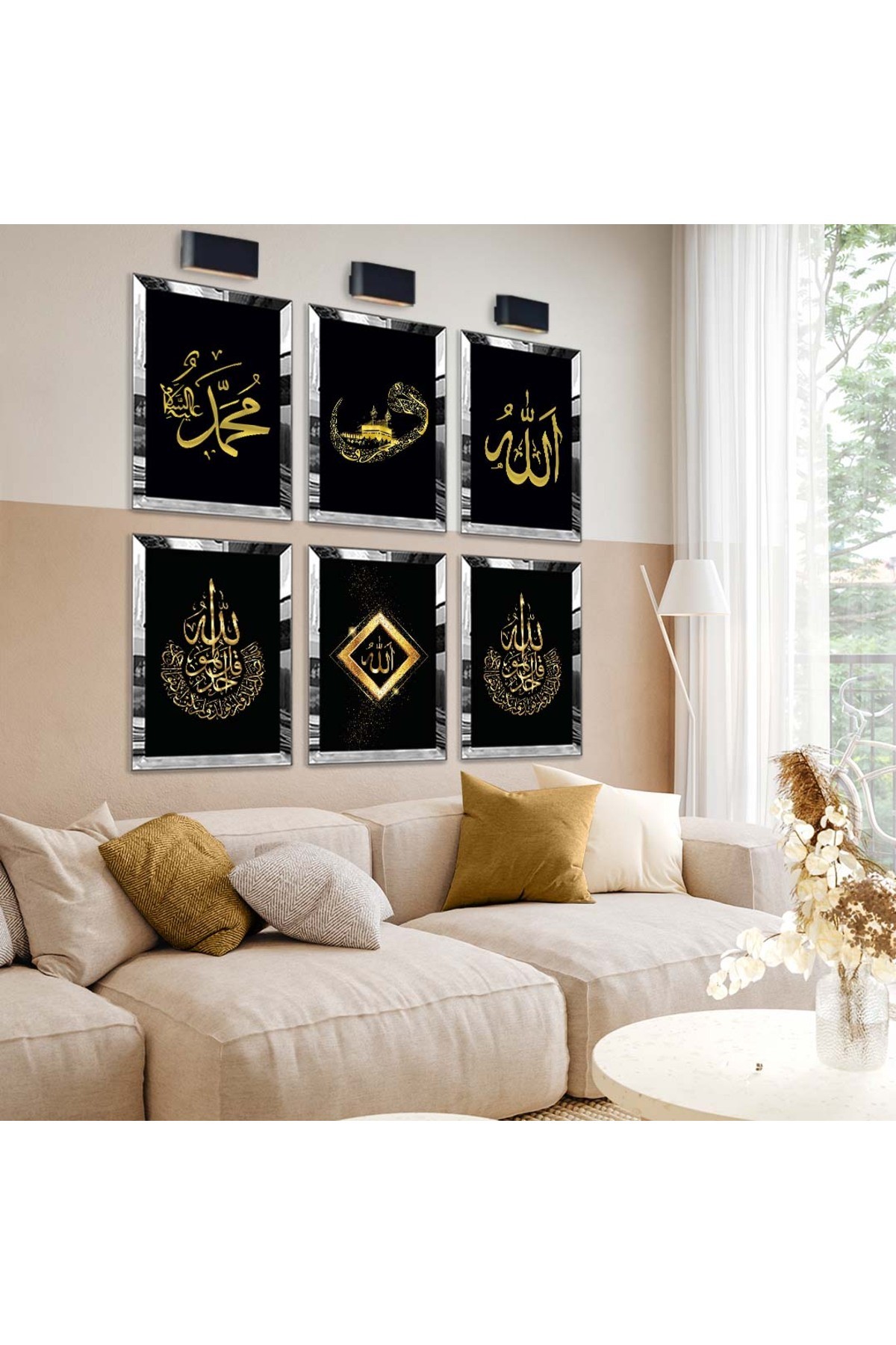 Kabe Ve Allah Lafzı Dini Model 6'Lı Pleksi Kenar Solmaz MDF Tablo Seti
