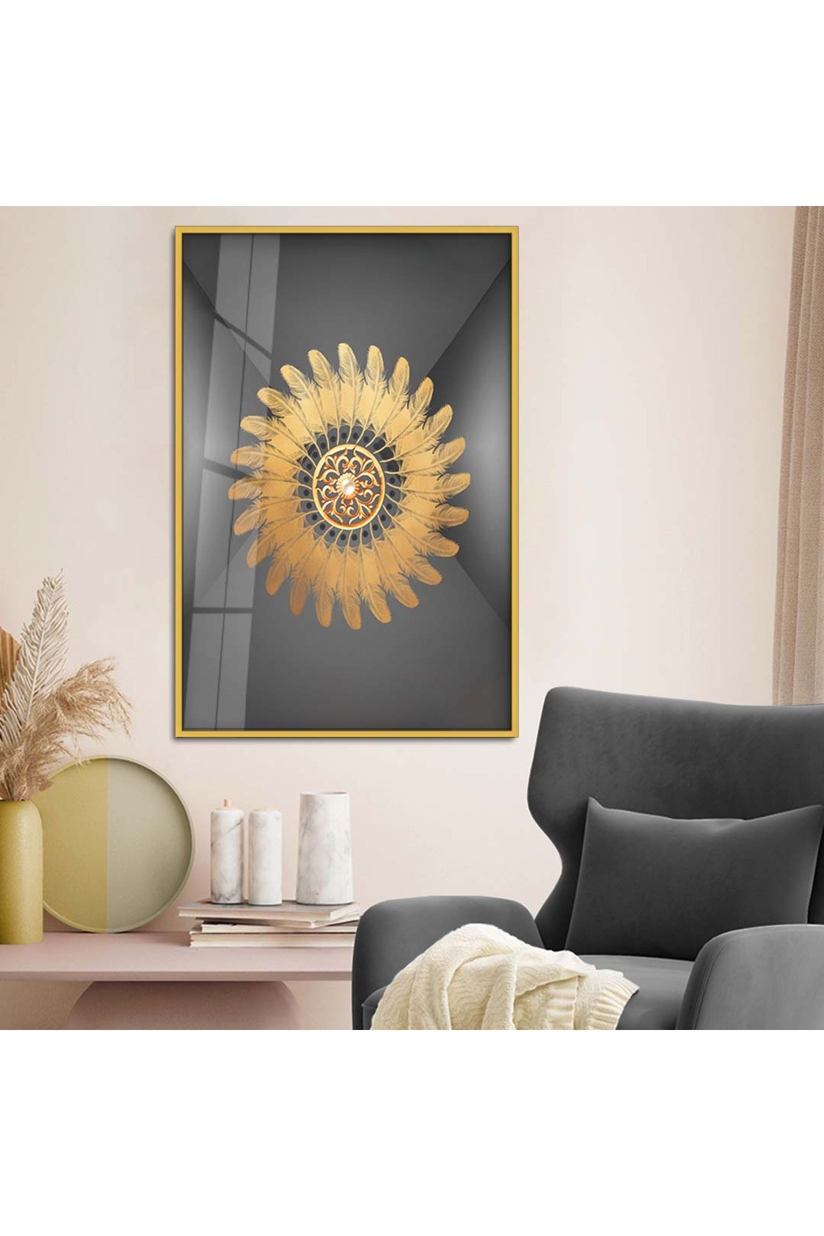 Huzur Kolaj Çizim Modern Tema Metal Çerçeveli UV Baskı Kırılmaz Cam Tablo