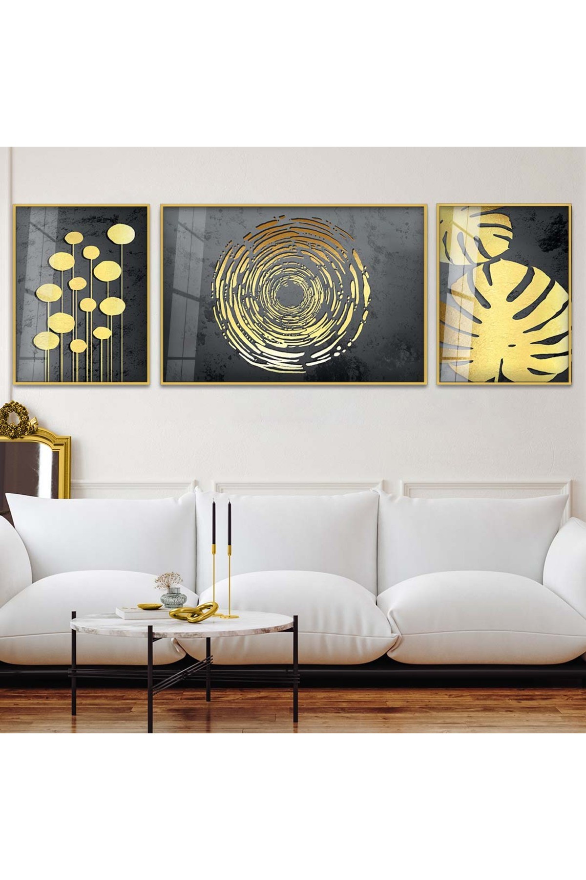 Modern Sanat Tablosu Çizim Soyut Desen 3'Lü Metal Çerçeveli UV Baskı Kırılmaz Cam Tablo
