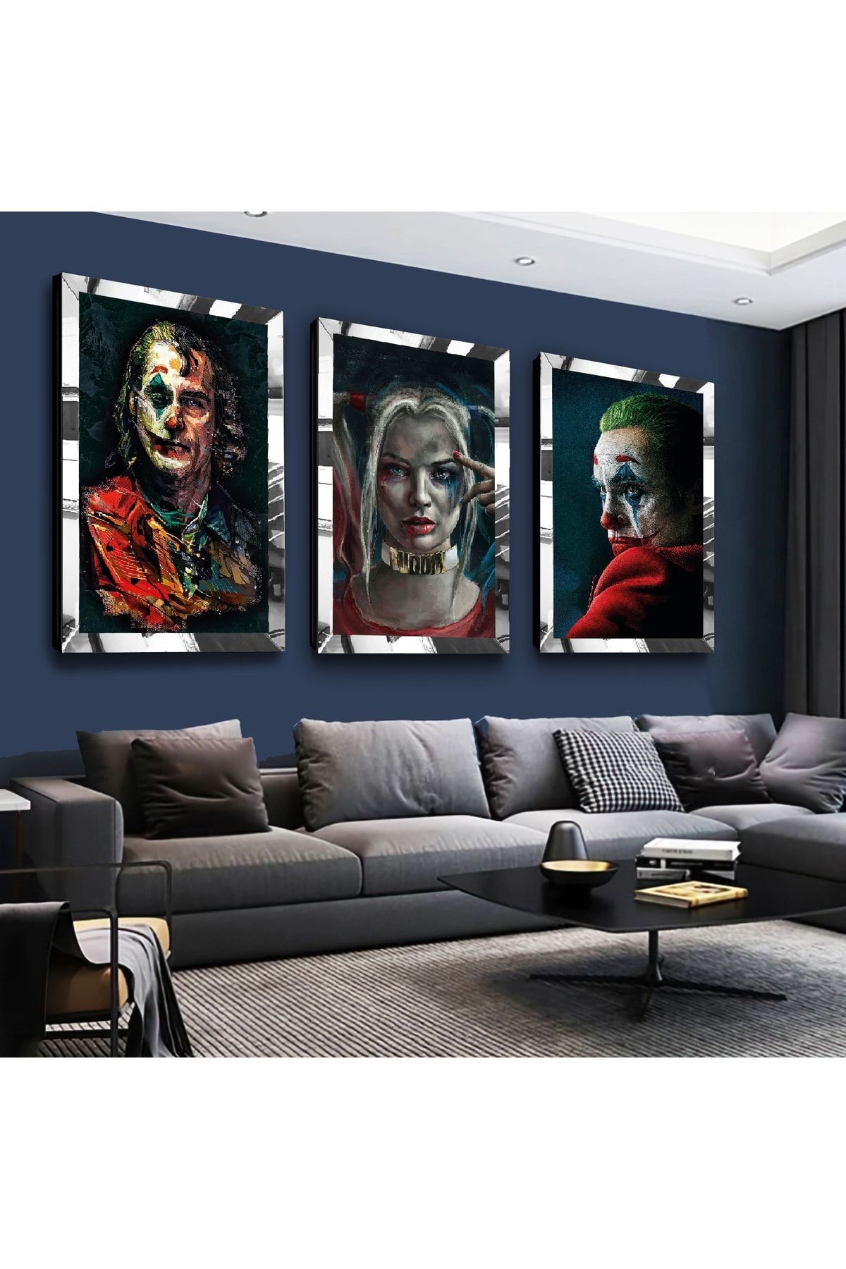 Gold Aynalı Pleksi Çerçeveli Joker Karakter Üçlü Mdf Tablo Seti