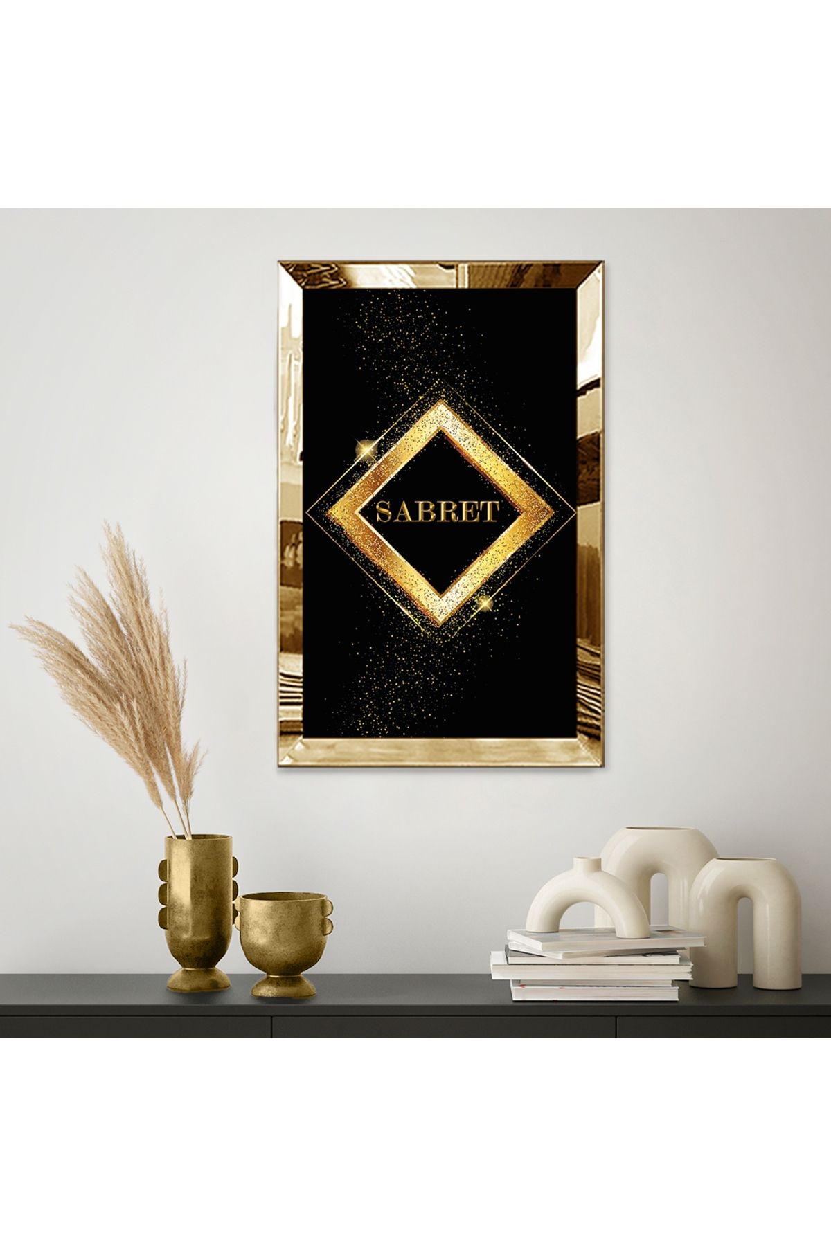 GOLD  AYNALI PLEKSİ ÇERÇEVELİ SABRET YAZI TEMALI DİNİ İSLAMİ TABLO
