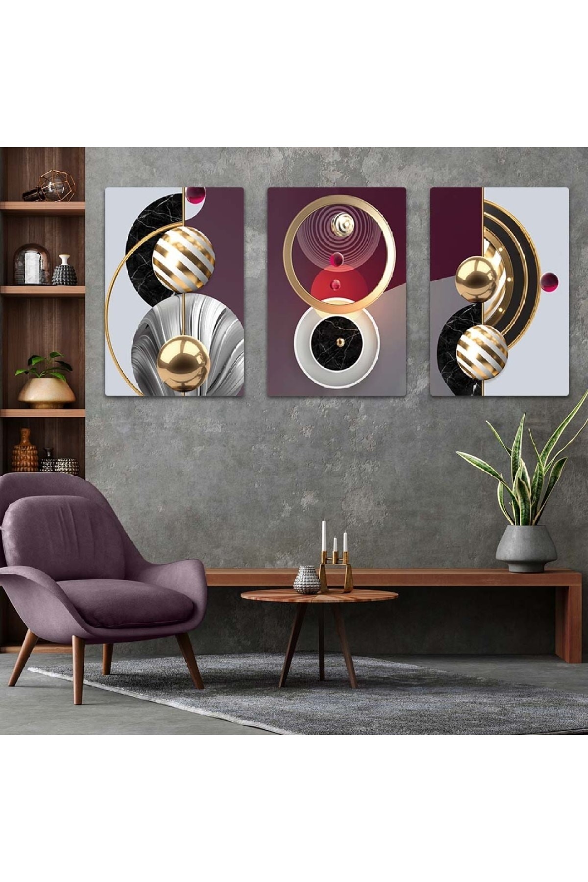 Minimal Renkli Soyut Desen 3'Lü Solmaz MDF Tablo Set