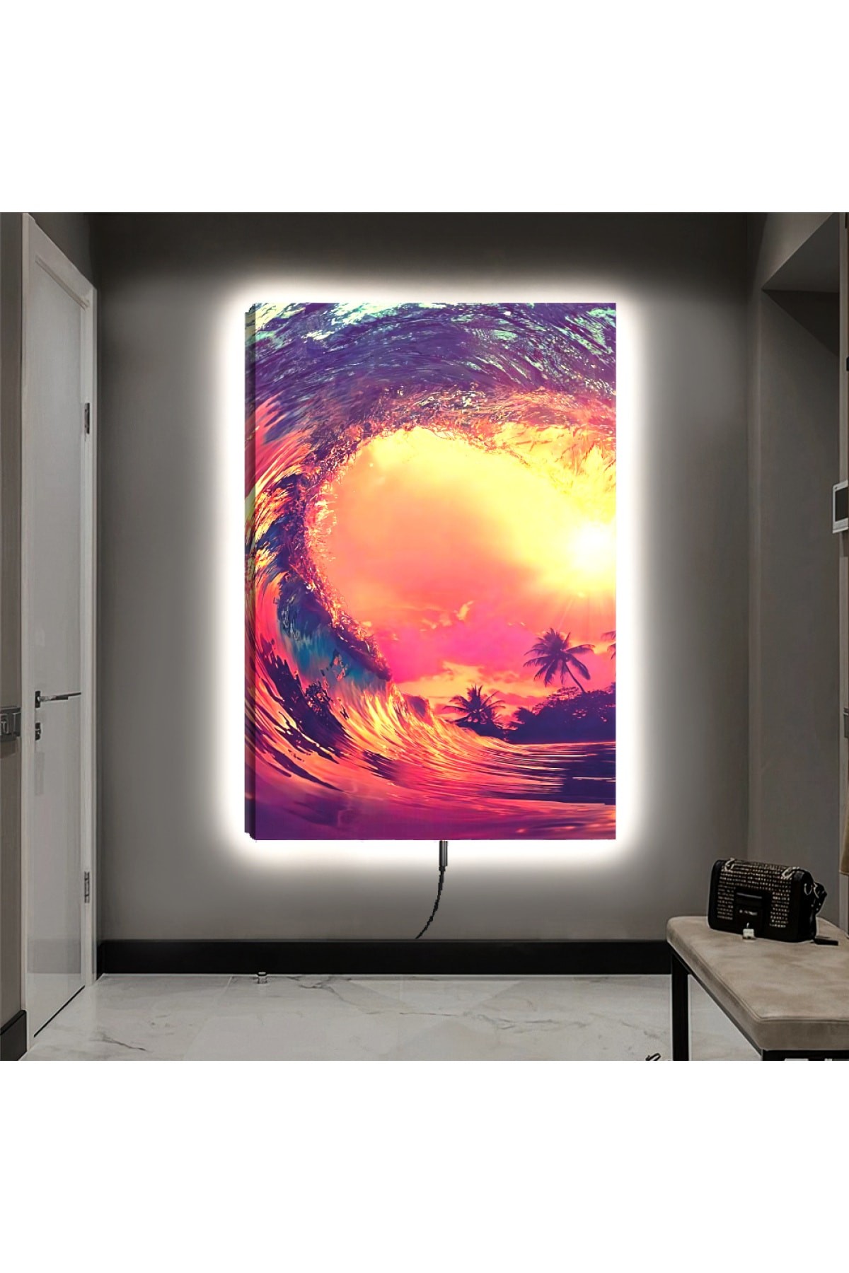 Ledli Dalgalar Ahşap Şase Dijital Baskı Kanvas Tablo 90X60Cm