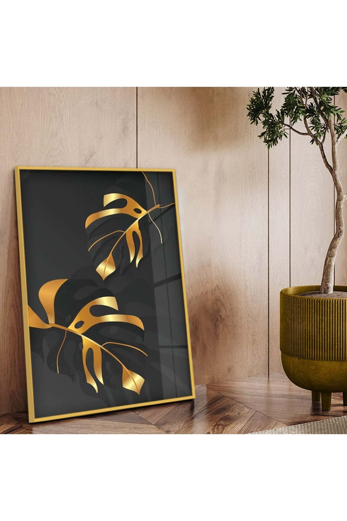 Gold Metal Çerçeveli Kolaj Çizim Yaprak Desen Kırılmaz Cam Tablo